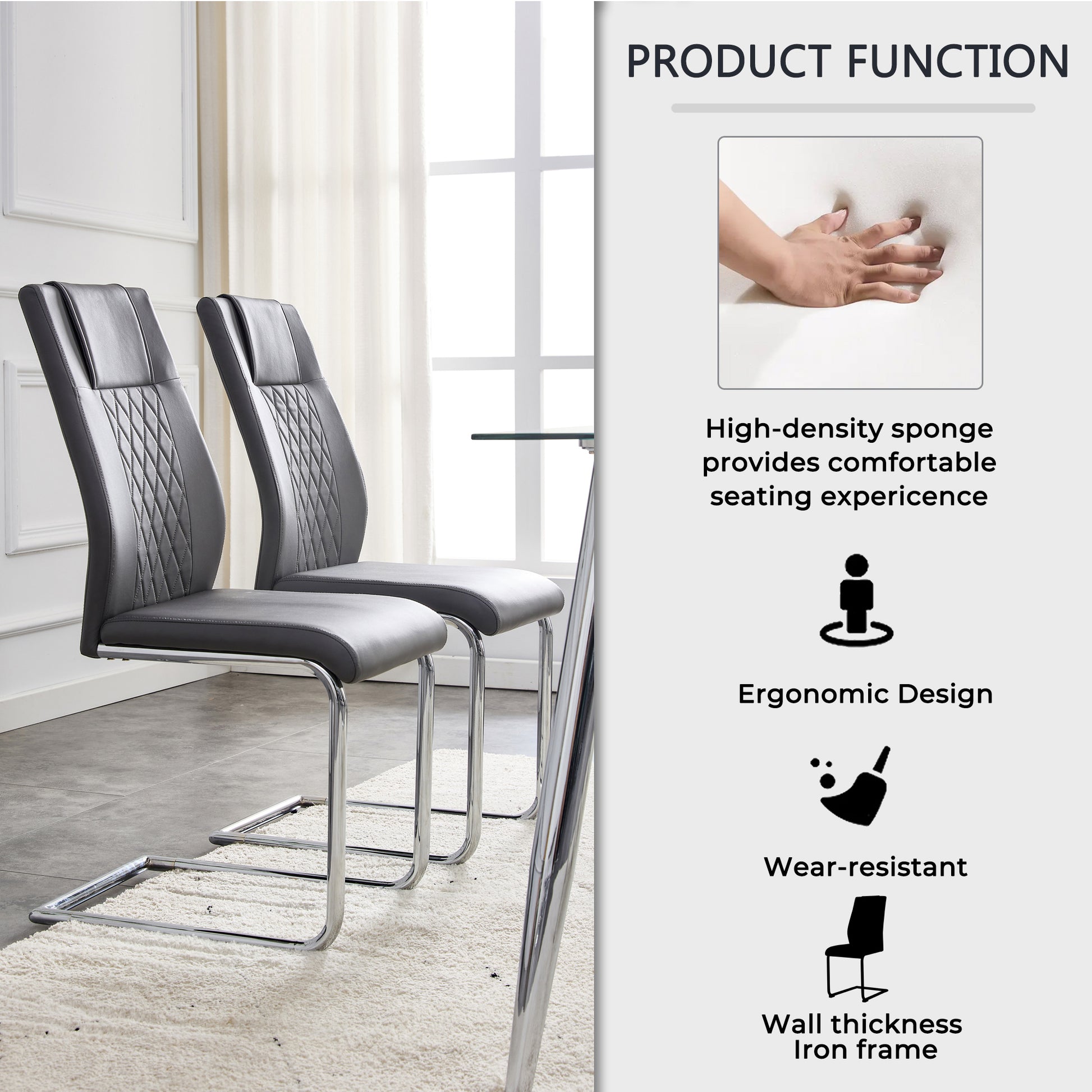Table And Chair Set.Modern Rectangular Glass Dining Table With A Tempered Glass Tabletop And Silver Metal Legs, Paired With Multiple Chairs Designed With Pu Cushions And Silver Metal Legs. Gray Silver Seats 6 Tempered Glass