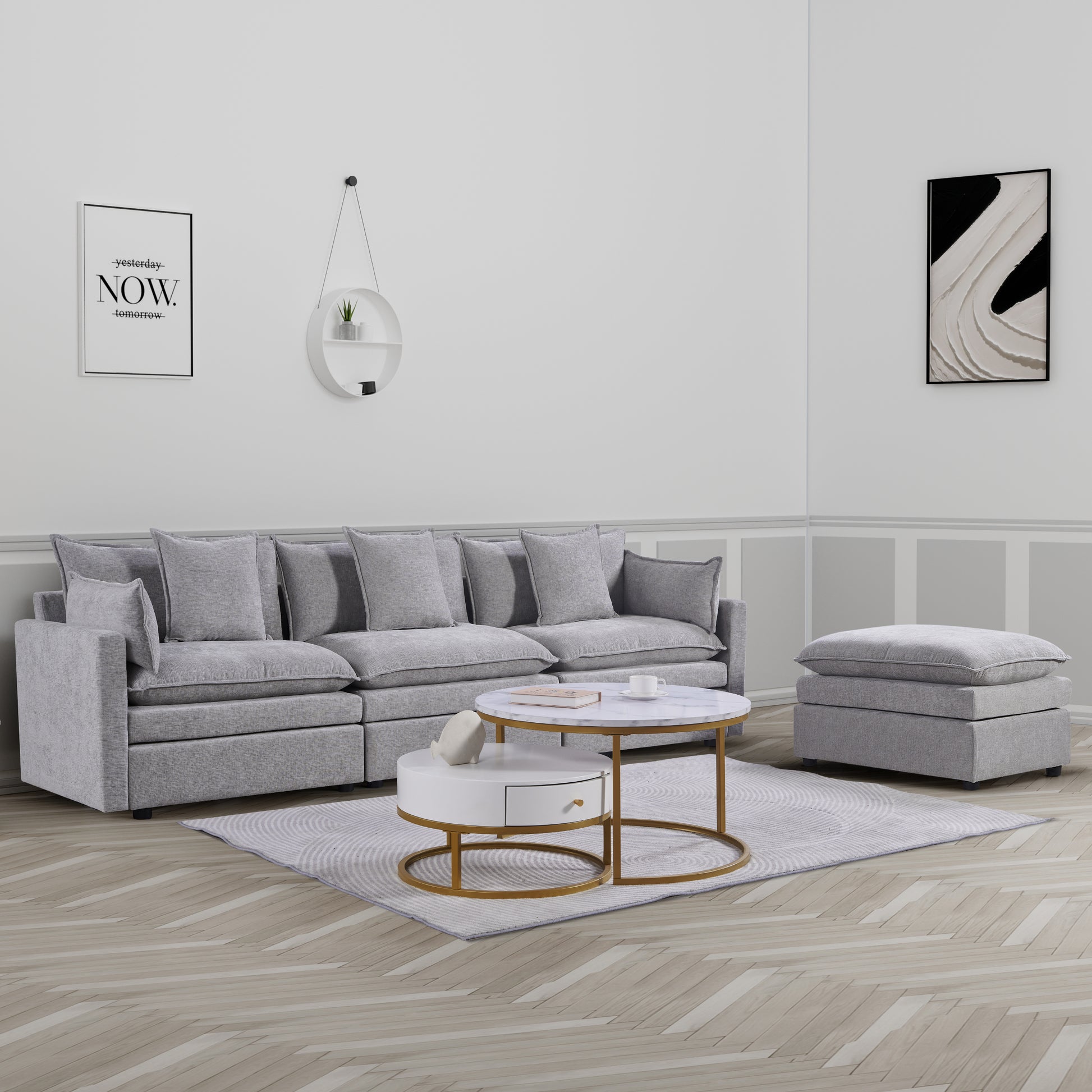 108.66"Modern Chenille L Shaped Sectional Sofa With Convertible Chaise, Comfy Cloud Couch Deep Sectional Sofa With Ottomans For Living Room Light Gray Wood Foam Chenille 3 Seat