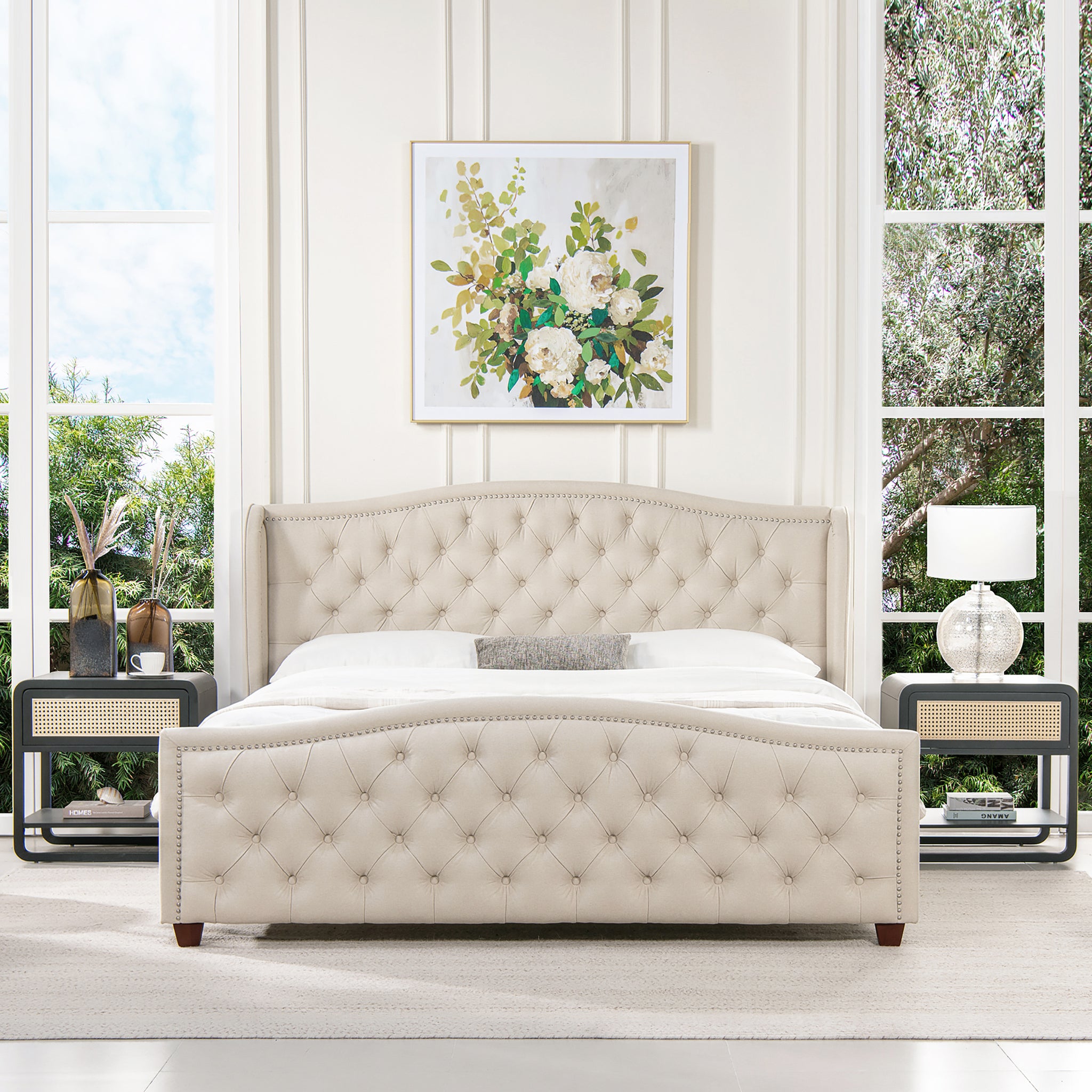 Fontana Wingback Upholstered Platform Bed Frame, King, Sky Neutral Beige Polyester Box Spring Not Required King Beige Wood Foam Polyester Polyester