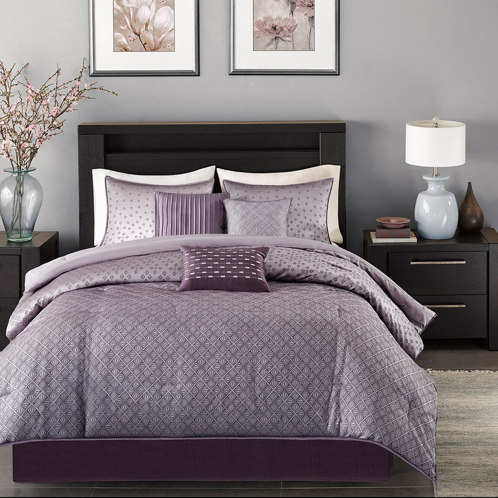 7 Piece Jaquard Comforter Set Purple Cal King California King Purple Polyester
