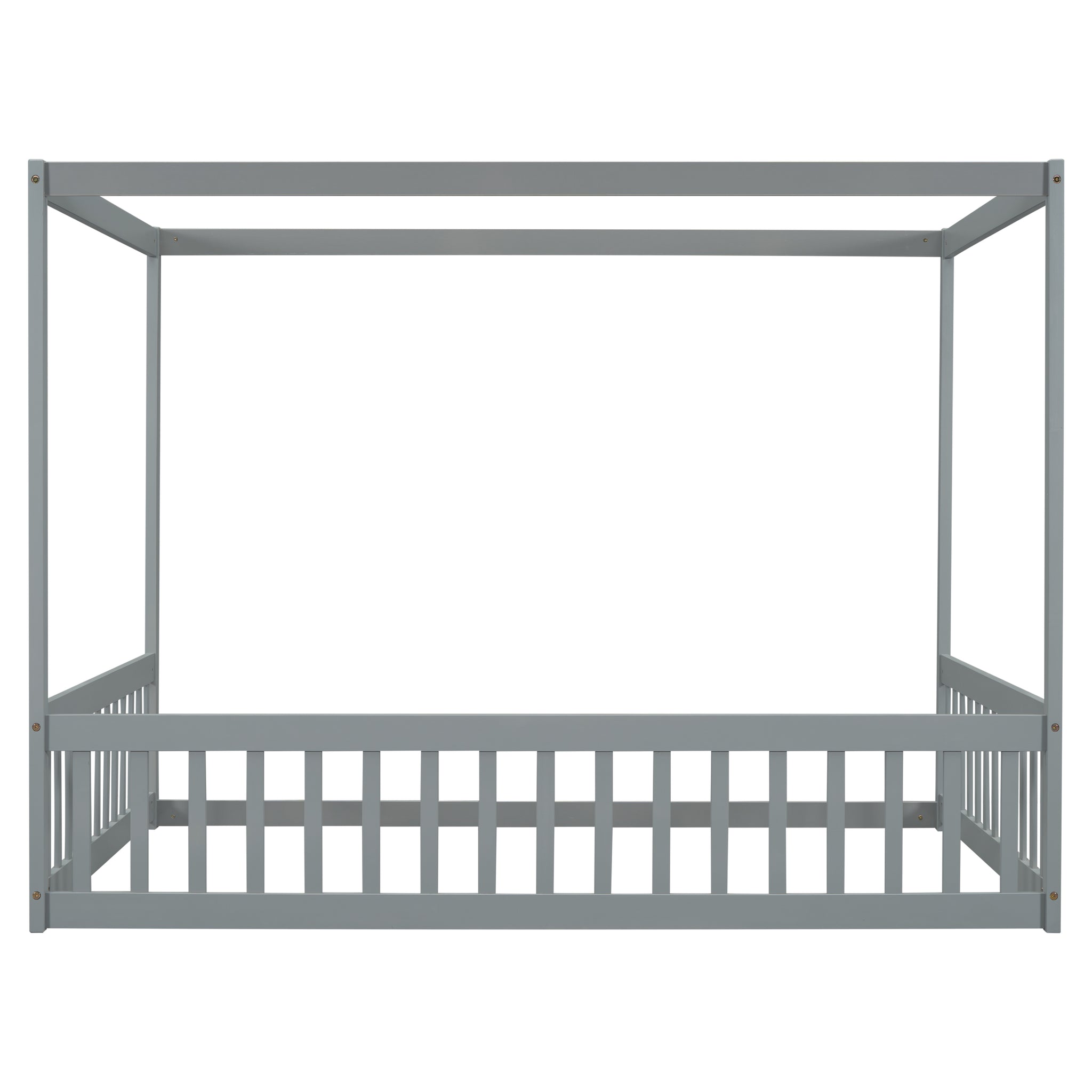 Full Size Canopy Frame Floor Bed With Fence, Guardrails,Grey Full Grey American Design Pine