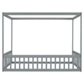 Full Size Canopy Frame Floor Bed With Fence, Guardrails,Grey Full Grey American Design Pine