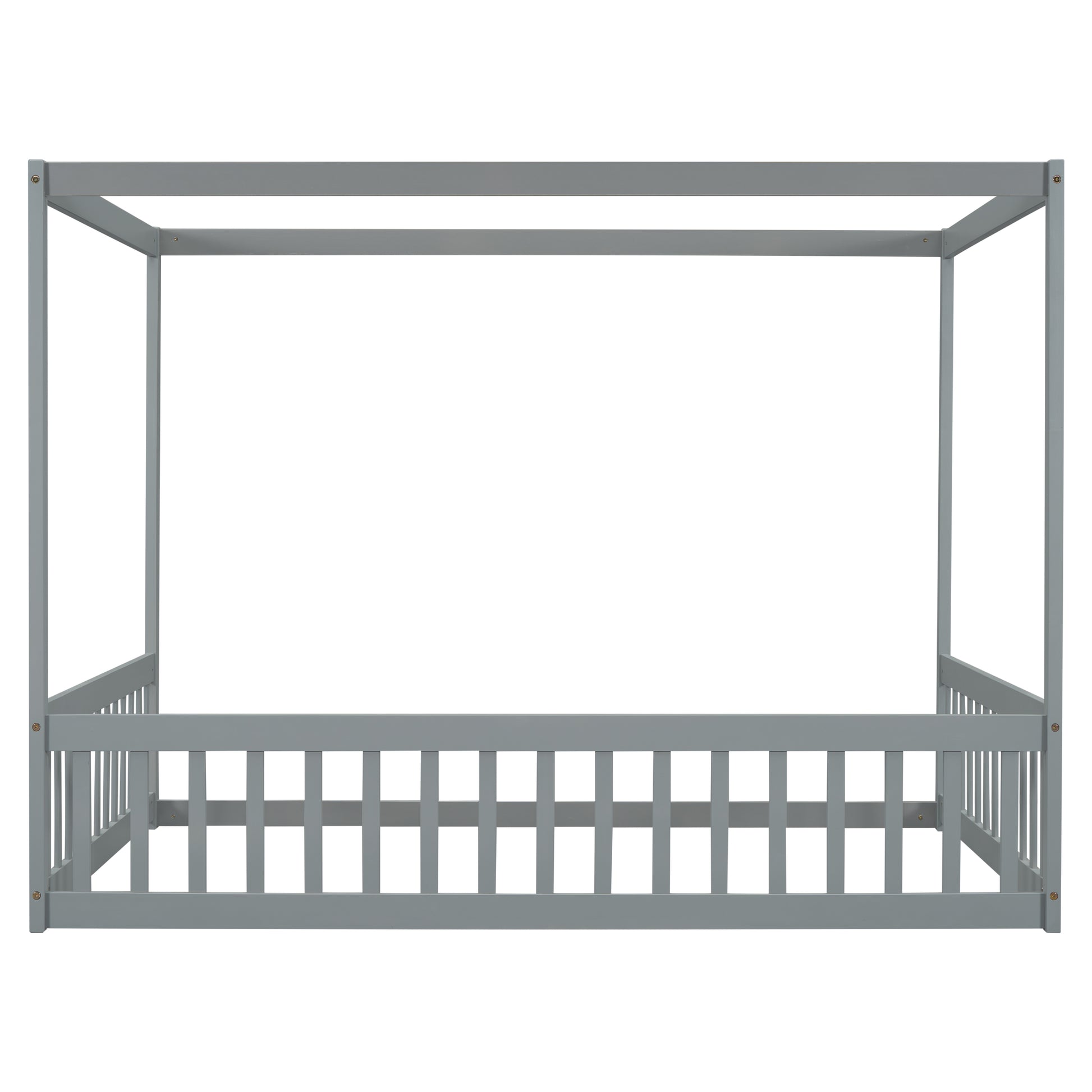 Full Size Canopy Frame Floor Bed With Fence, Guardrails,Grey Full Grey American Design Pine