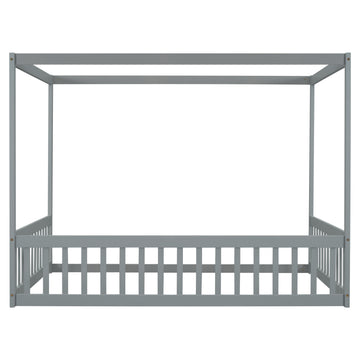 Full Size Canopy Frame Floor Bed With Fence, Guardrails,Grey Full Grey American Design Pine