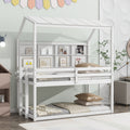 Twin House Loft Bed With Guardrails, Semi Enclosed Roof, Bedside Shelves And Ladder, White Twin White Bedroom American Design Pine Pine