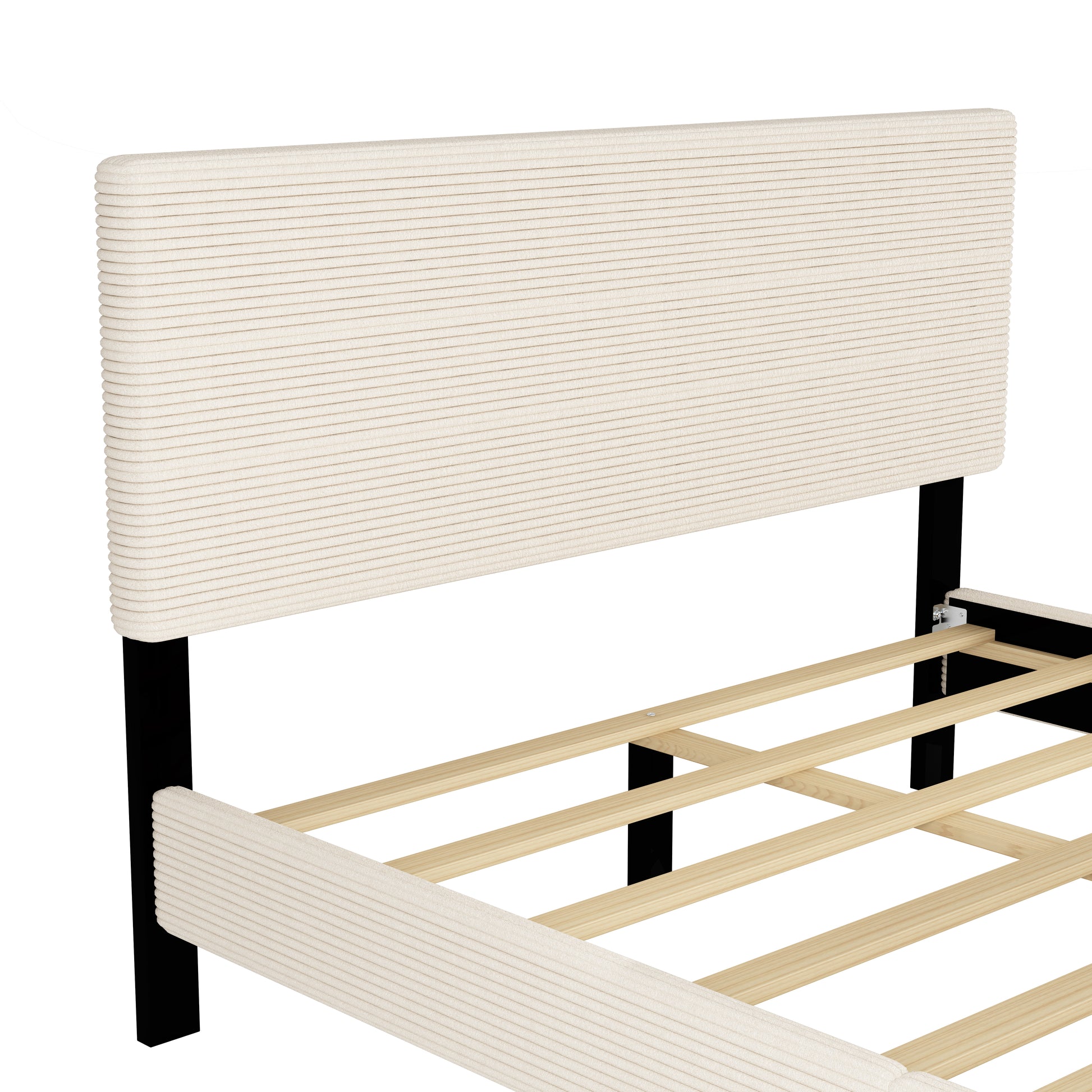 Queen Size Corduroy Upholstered Bed Frame, Platform Bed With Horizontal Stripe Headboard, No Box Spring Needed, Beige Queen Beige Bed Frame Solid Wood Mdf