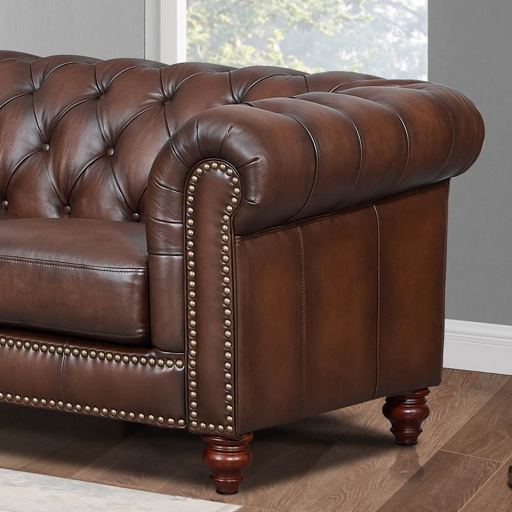 Alton Bay Top Grain Leather Sofa Couch Brown Genuine Leather Wood Primary Living Space Medium Firm Tufted Back Mid Century Modern Eucalyptus Rolled Arms Down Filling Leather 3 Seat