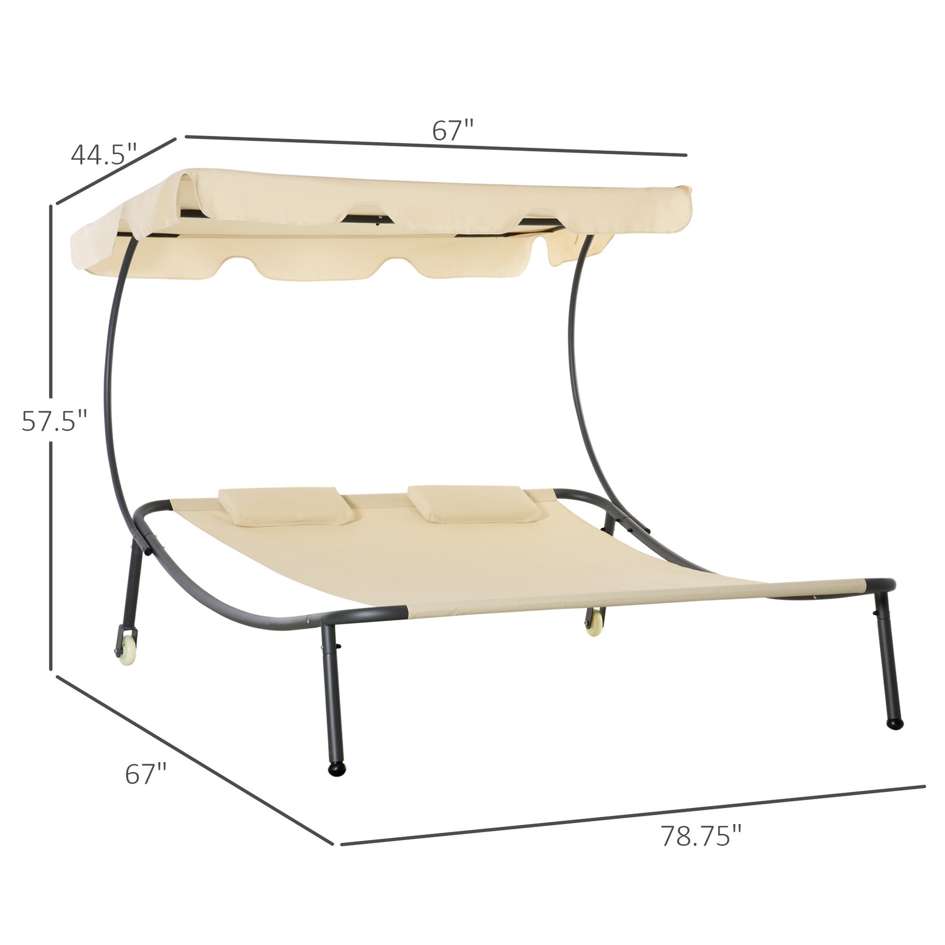 Outsunny Patio Double Chaise Lounge Chair, Outdoor Wheeled Hammock Daybed With Adjustable Canopy And Pillow For Sun Room, Garden, Or Poolside, Beige Beige Steel