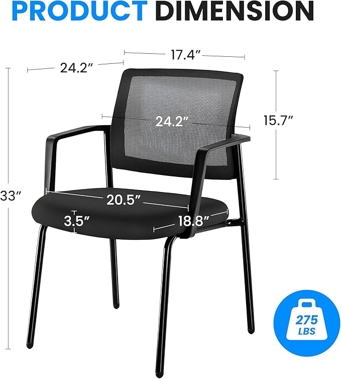 Guest Waiting Room Office Arm Chairs 2 Pack No Wheel For Reception Meeting Conference, Stacking Padded Fabric Seat, Mesh Back & Ergonomic Support Rest For Home Lobby Computer Desk Black Metal
