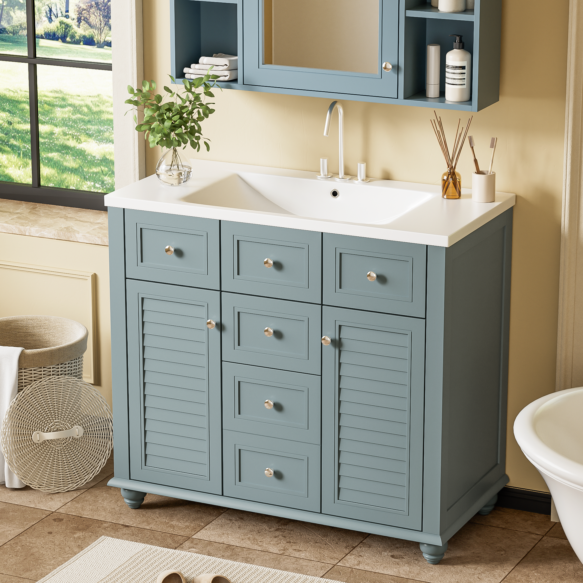 36" Bathroom Vanity Cabinet With Sink Combo Set, Undermount Resin Sink, Free Standing Vanity Set With 2 Drawers& Soft Closing Doors, Solid Wood Frame Bathroom Cabinet, Blue 2 Blue 2 Bathroom Freestanding French Country Solid Wood Mdf Resin Painted