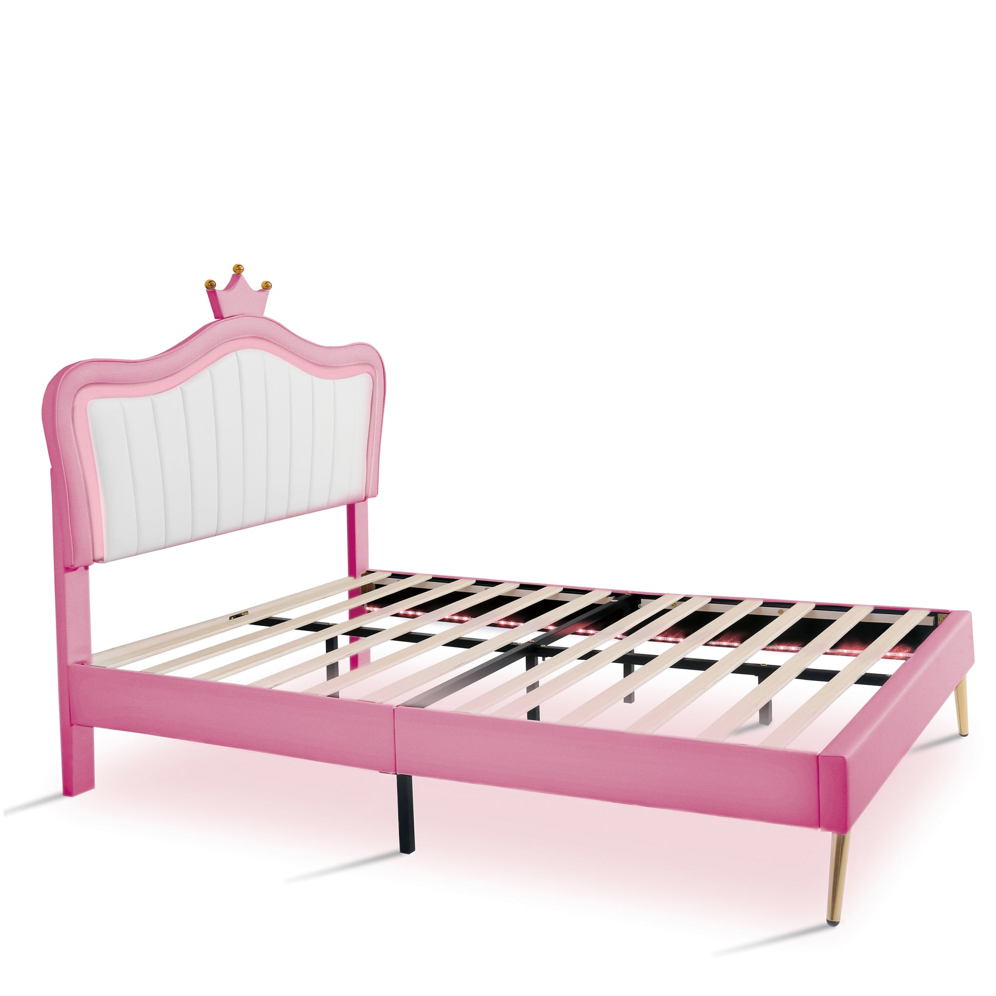 Full Size Upholstered Bed Frame With Led Lights,Modern Upholstered Princess Bed With Crown Headboard,White Pink Full White Pink Pu