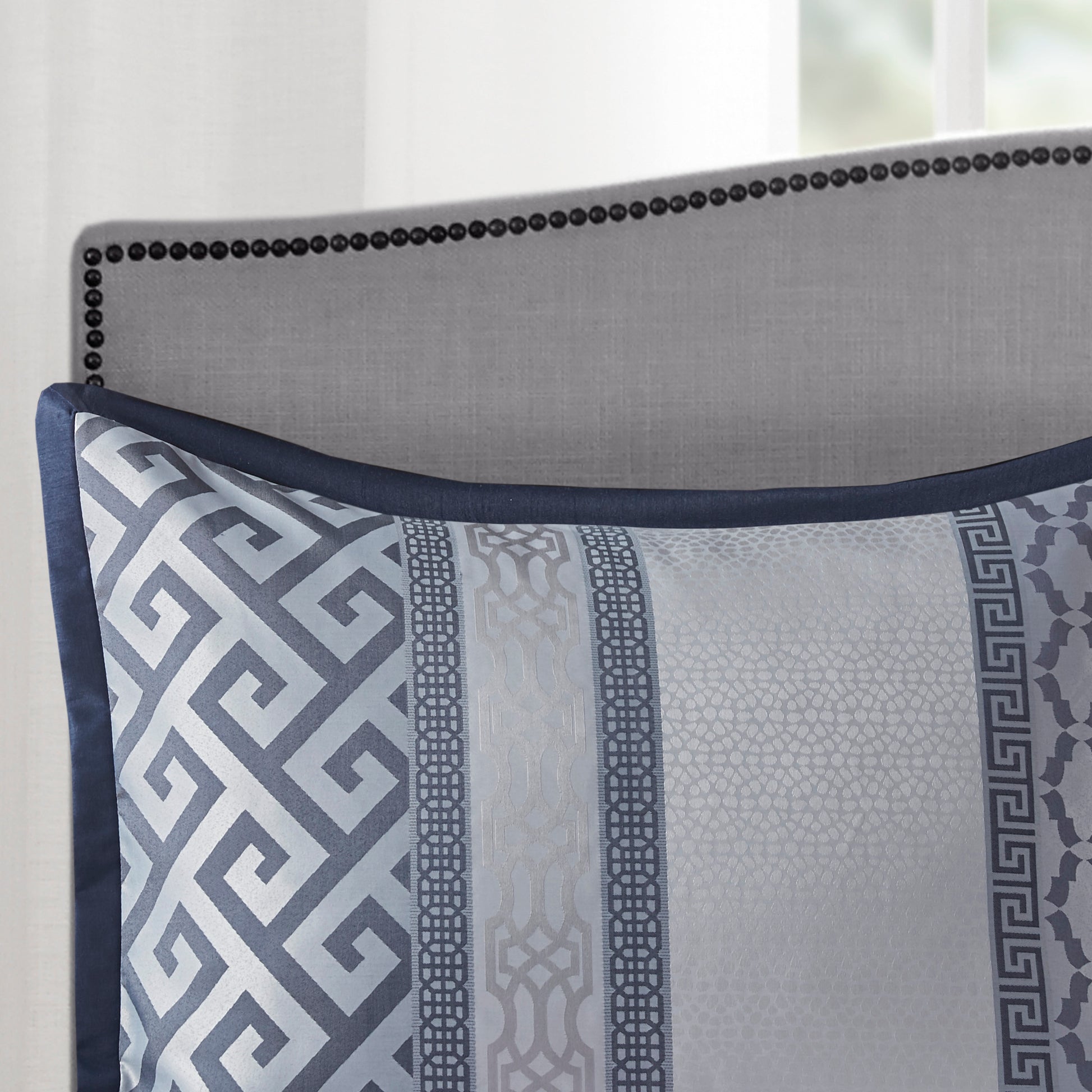 7 Piece Jacquard Comforter Set Navy Queen Queen Navy Polyester
