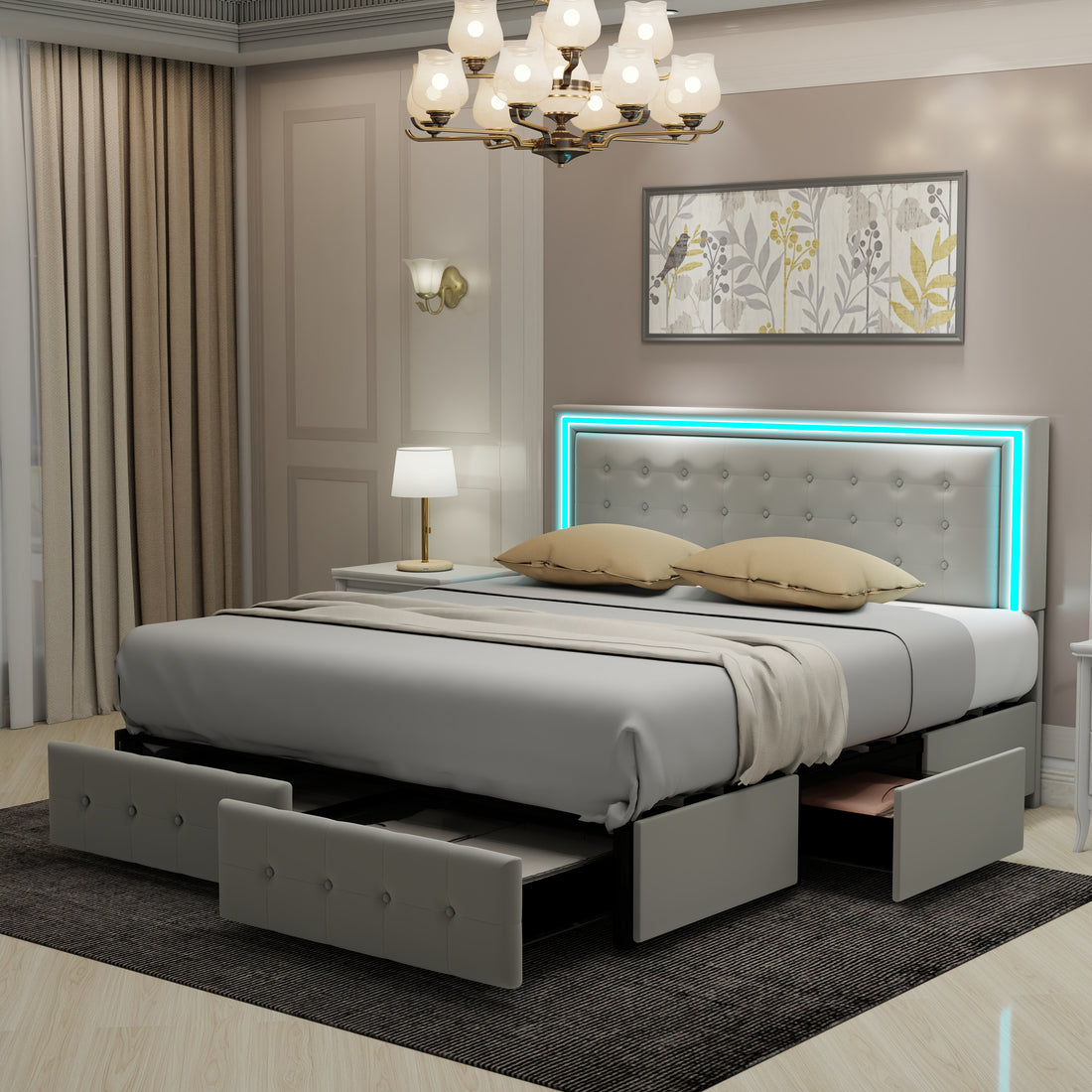 Queen Size Led Bed Frame With 4 Storage Drawers, Smart Control Rgb Led Lights On Headboard,With Remote Control, Upholstered Adjustable Headbaord, Pu Leather Grey Mdf Metal