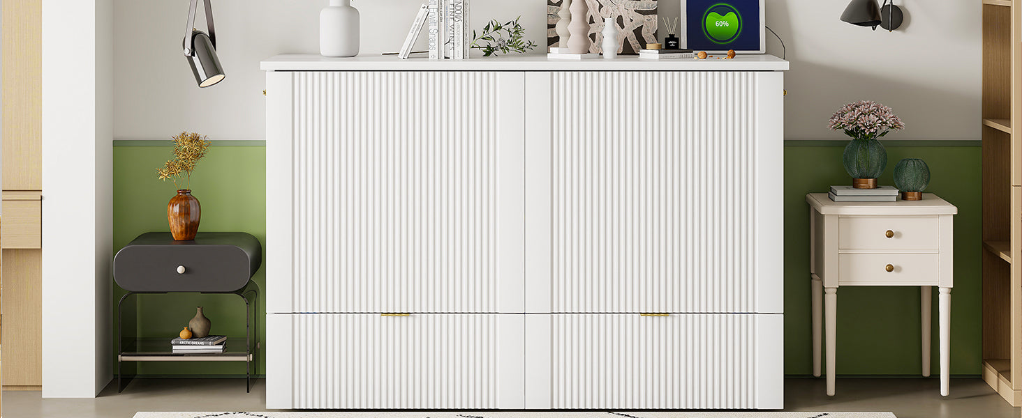 Full Size Murphy Bed With Drawer And A Set Of Sockets & Usb Ports, Pulley Structure Design, White Full White Plywood