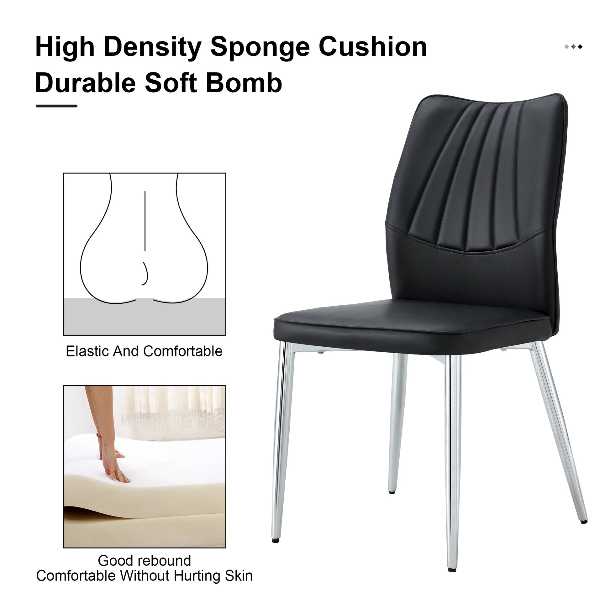 Table And Chair Set.Contemporary, Minimalist Rectangular Dining Table Featuring A Clear Tempered Glass Top And Sleek Silver Legs. Paried With Chairs Made Of Pu Material Cushion And Silver Metal Legs. Black Seats 6 Glass Metal