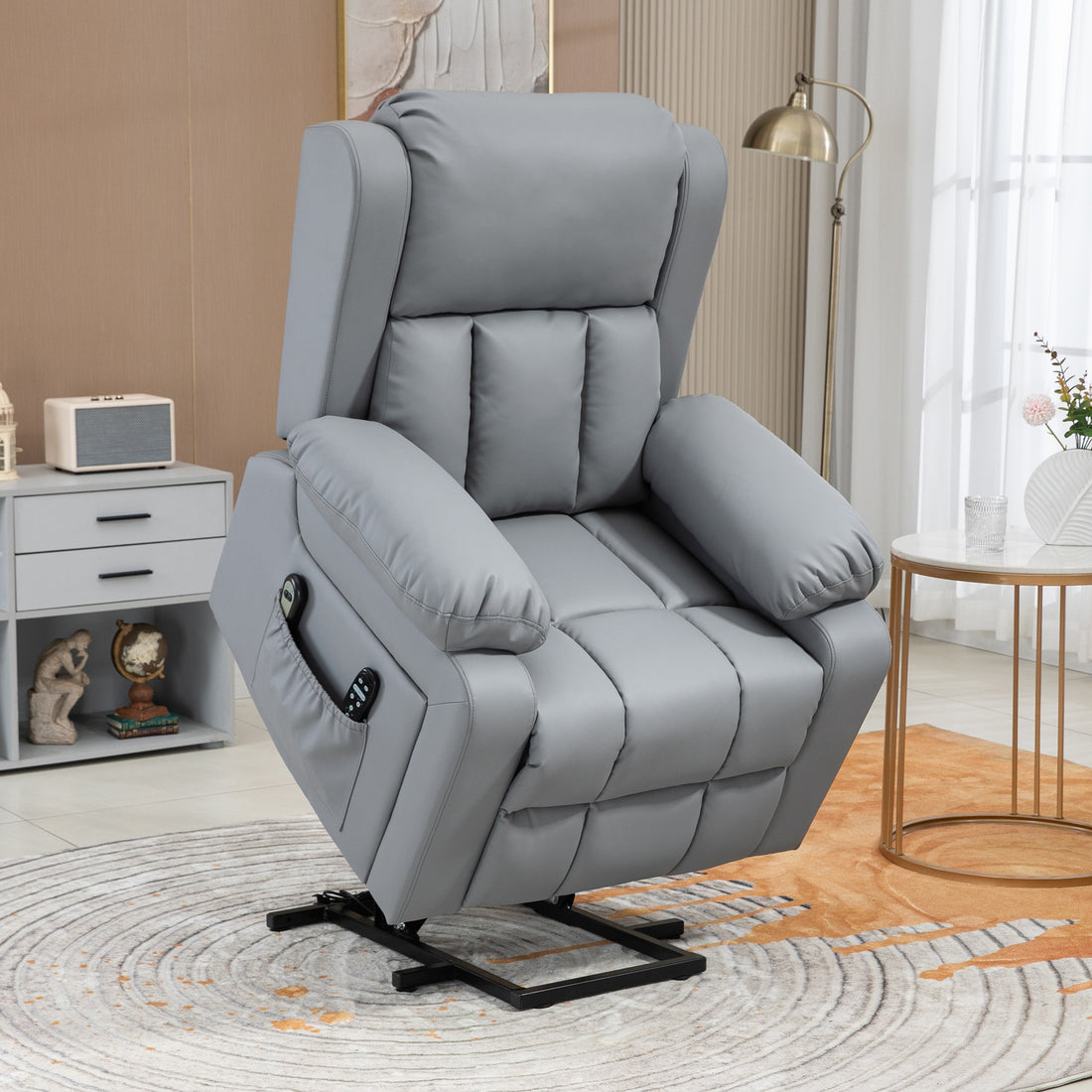 Homcom Electric Power Lift Recliner Chair, Pu Leather Reclining Chair With Vibration Massage, Heated, Remote Control, Side Pockets, For Elderly, Gray Gray Pu Leather