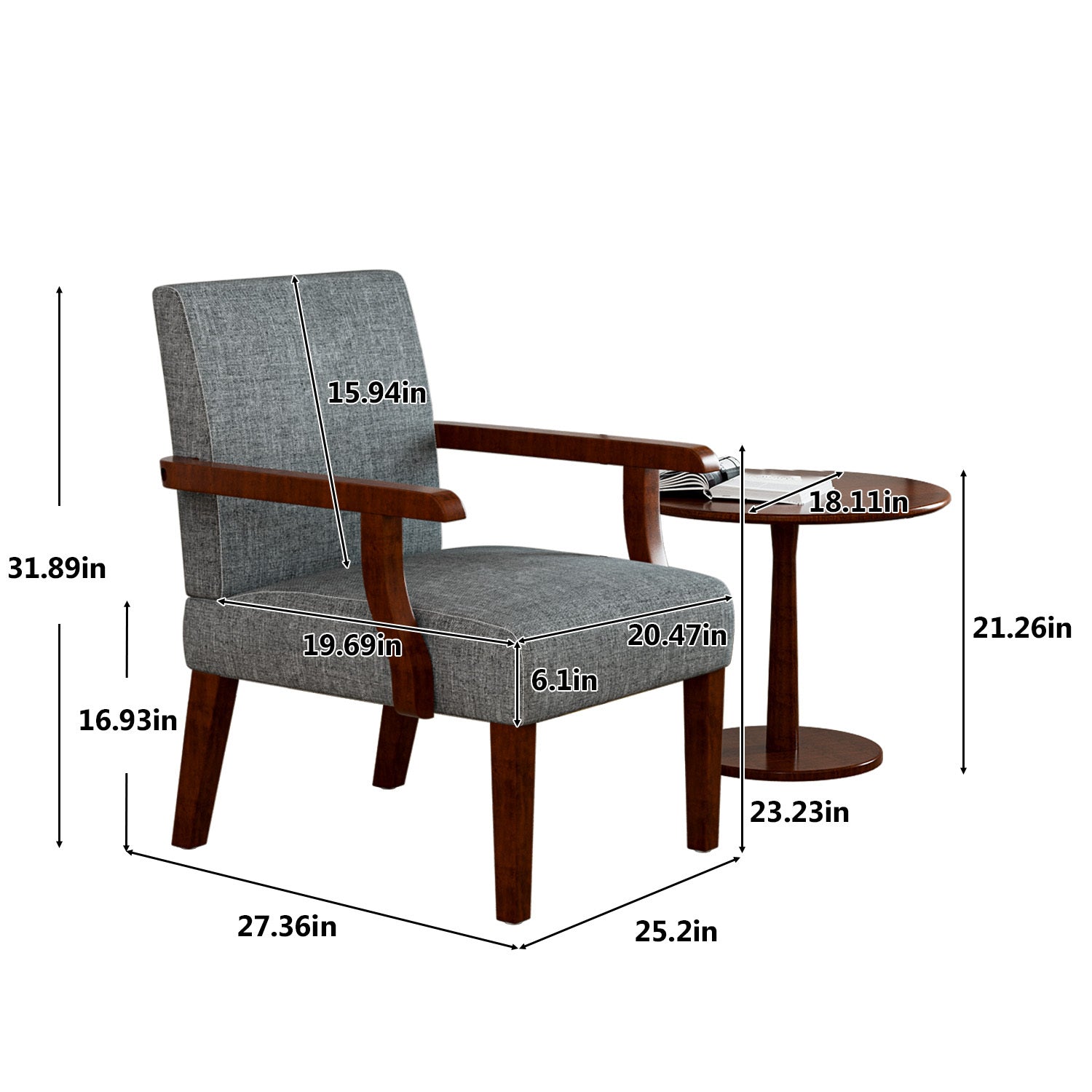 Fabric Accent Arm Chair Set Of 2 With Round Wood Table Grey Fabric