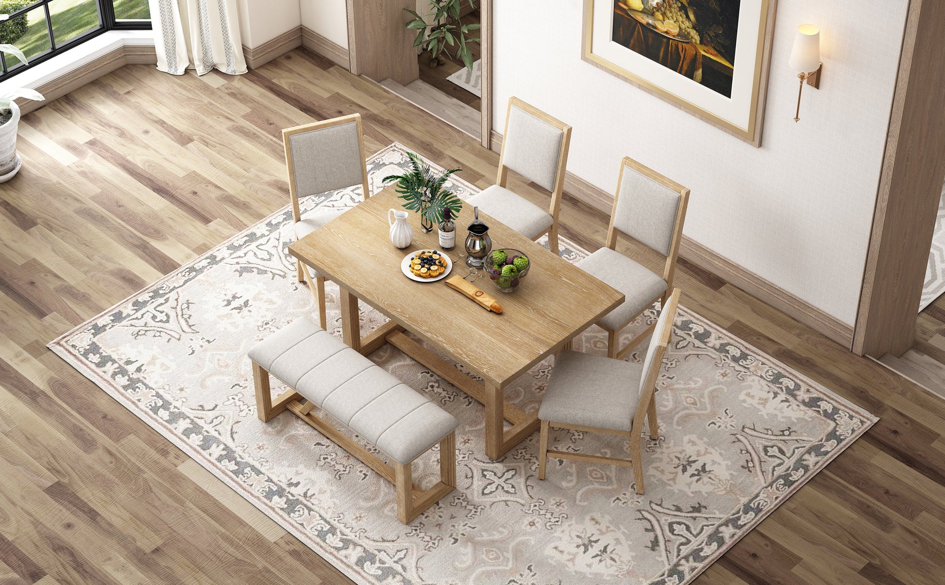 6 Piece Retro Dining Set, 1 Rectangular Table With Designed Trestle Base And 4 Upholstered Chairs And 1 Bench For Dining Room And Kitchen Natural Natural Solid Wood Mdf