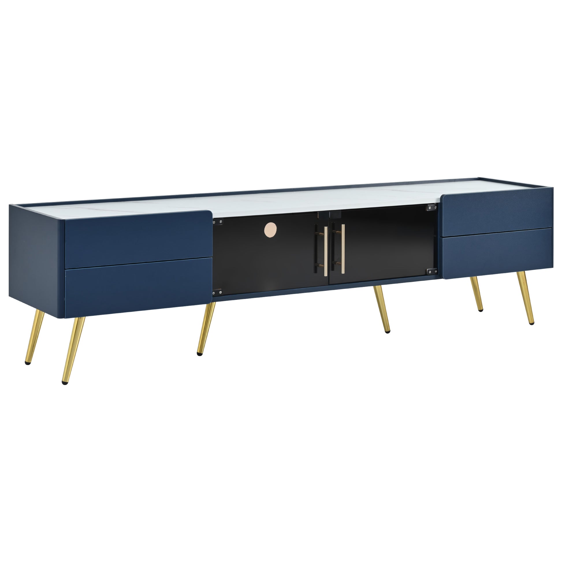 Modern Tv Stand With Led Lights For Tvs Up To 80 Inches, Entertainment Center With 4 Drawers And 1 Cabinet With Brown Glass Door, Media Console With Metal Legs And Handles For Living Room Blue 70 79 Inches Mdf