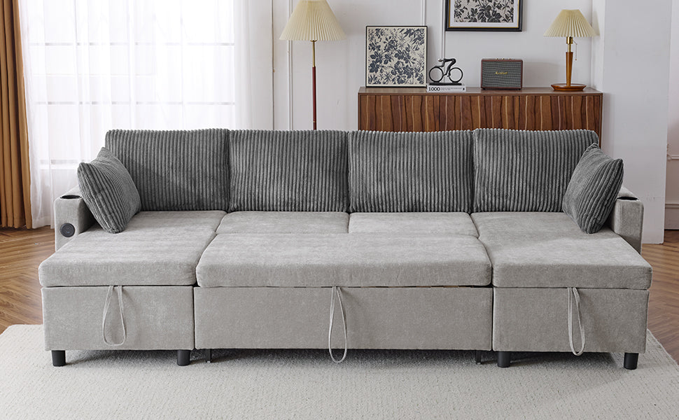 111.8" Sectional Sofa Pull Out Sofa Bed Versatile Sofa Sleeper With Large Storage Space, Two Usb Ports And Two Cup Holders For Living Room, Grey Grey Foam Chenille 4 Seat