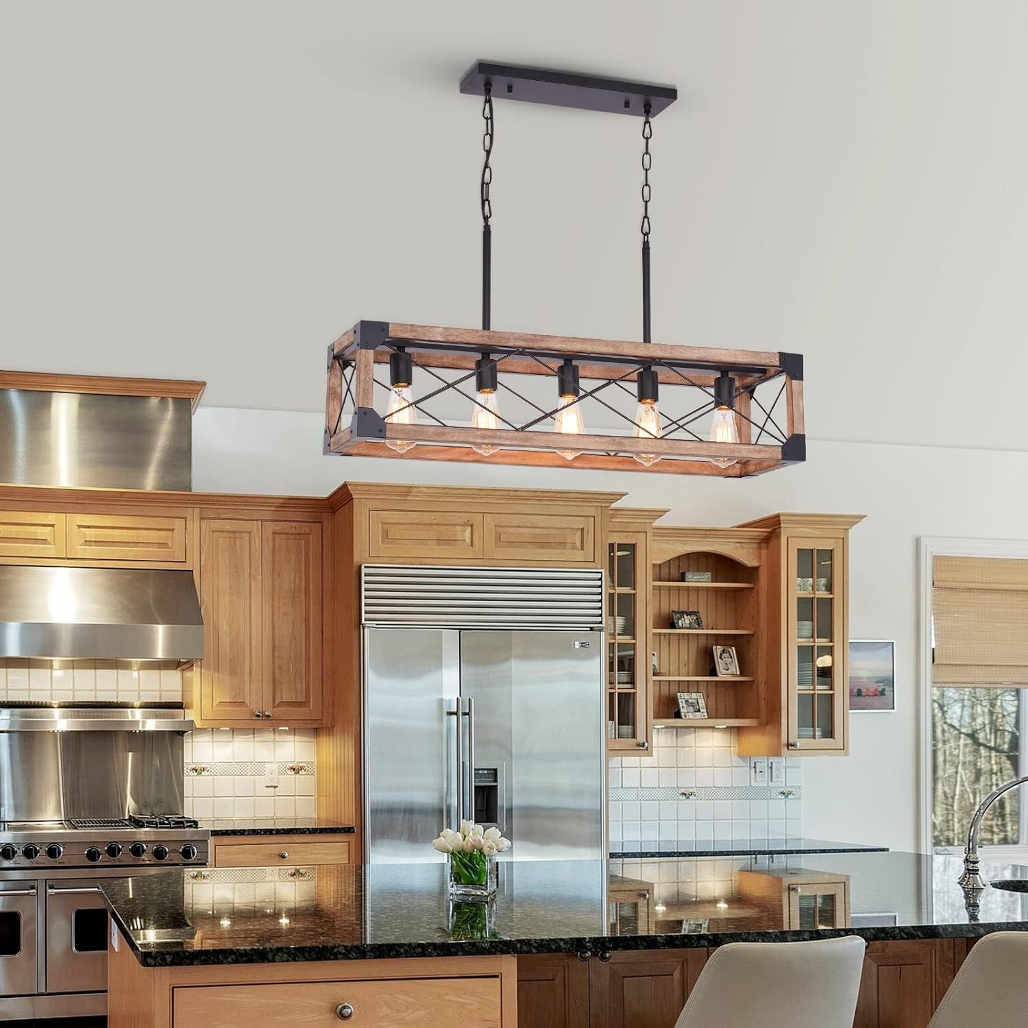 Farmhouse Kitchen Island Lighting, 5 Light Dining Room Light Fixture, Farmhouse Linear Chandelier With Solid Wood For Dining Room Kitchen Bar Pool Table Wood Wood Metal