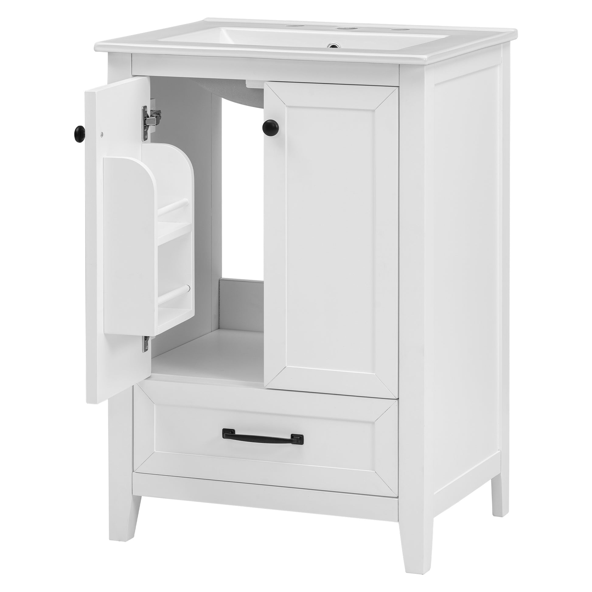 24" Bathroom Vanity With Sink, Bathroom Vanity Cabinet With One Drawer And Doors, Solid Wood And Mdf, White White Solid Wood Mdf