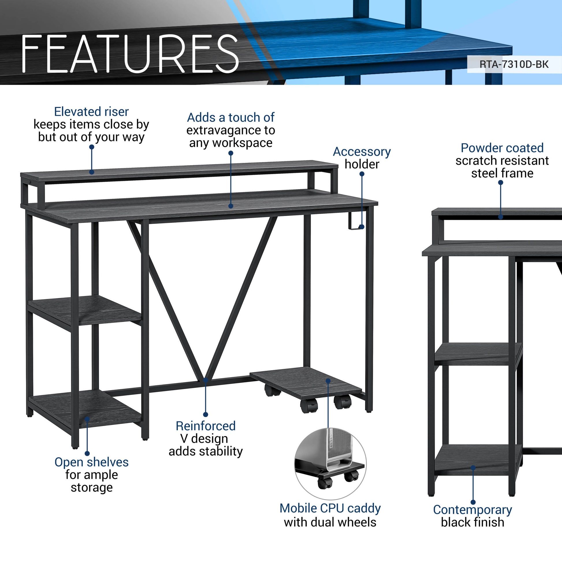 Techni Mobili Industrial Writing Desk, Black Black Computer Desk Office Modern Rectangular Rectangular Engineered Wood