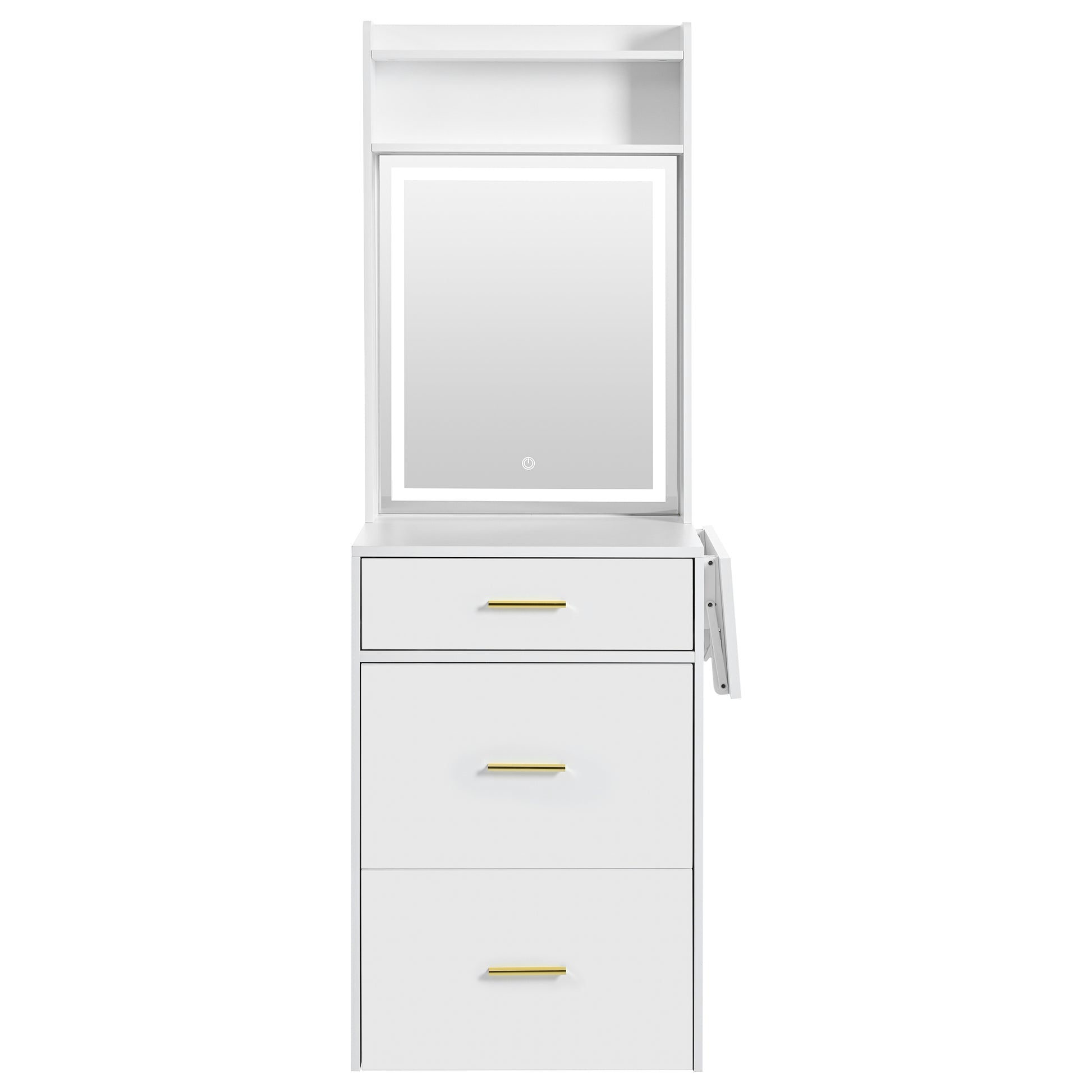 Small Vanity Desk With Mirror And Light, Dressing Table With Charging Station & Fold Up Panel For Small Space, Compact Makeup Vanity Set With Hidden Stool For Bedroom, White White Mdf,Tempered Glass