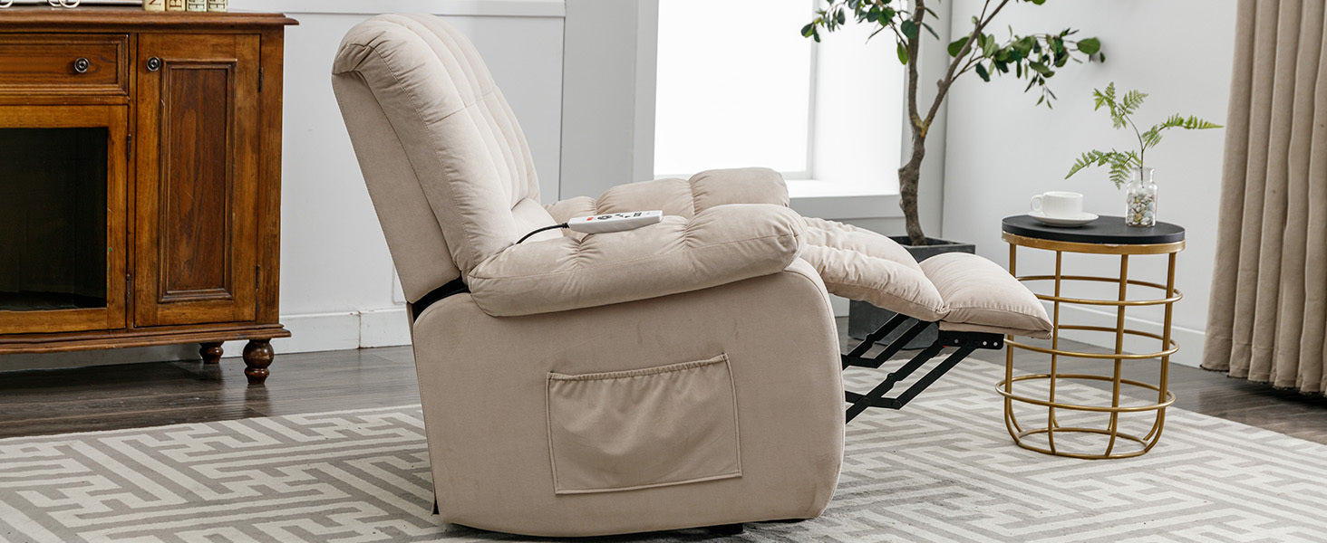 Massage Recliner Chair Electric Power Lift Recliner Chairs With Heat, Vibration, Side Pocket For Living Room Bedroom, Beige Beige Velvet