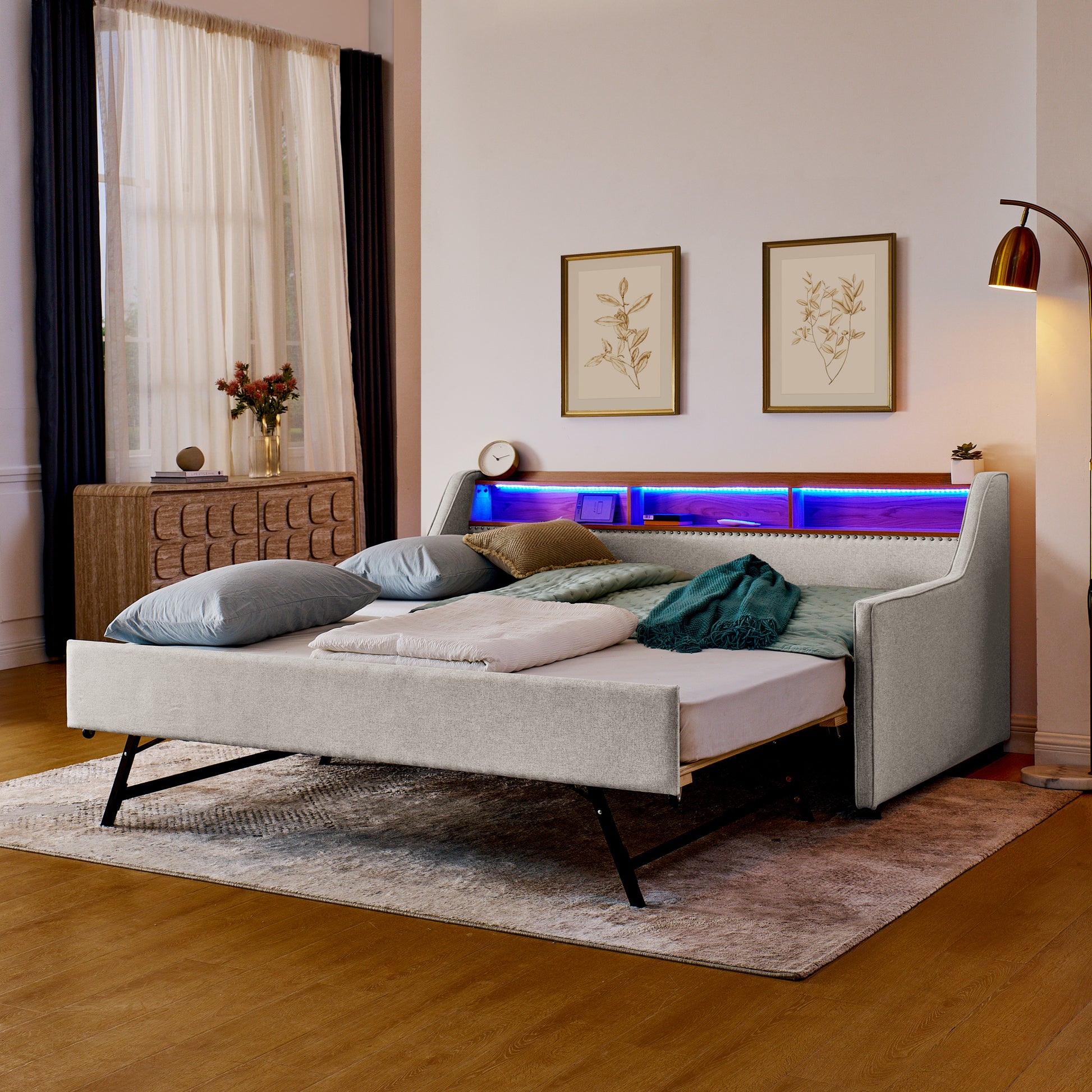 Twin Size Upholstery Sofa Bed With Three Led Lights, With Storage Adjustable Headboard, With Foldable Leg Pull Up Trundle Bed And Wireless Charging, Linen Padded Sofa Bed Frame, Beige Box Spring Not Required Twin Beige Composite Bedroom Classic