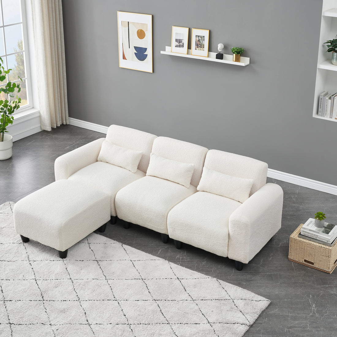 The 84.6 Inch Beige Teddy Fleece Creative Sofa Can Be Assembled Into A Two Seater Sofa Plus A Single Couch With Three Waist Pillows To Perfectly Stretch Your Waist For Small Apartment Bedroom Spaces Beige Polyester Blend 4 Seat