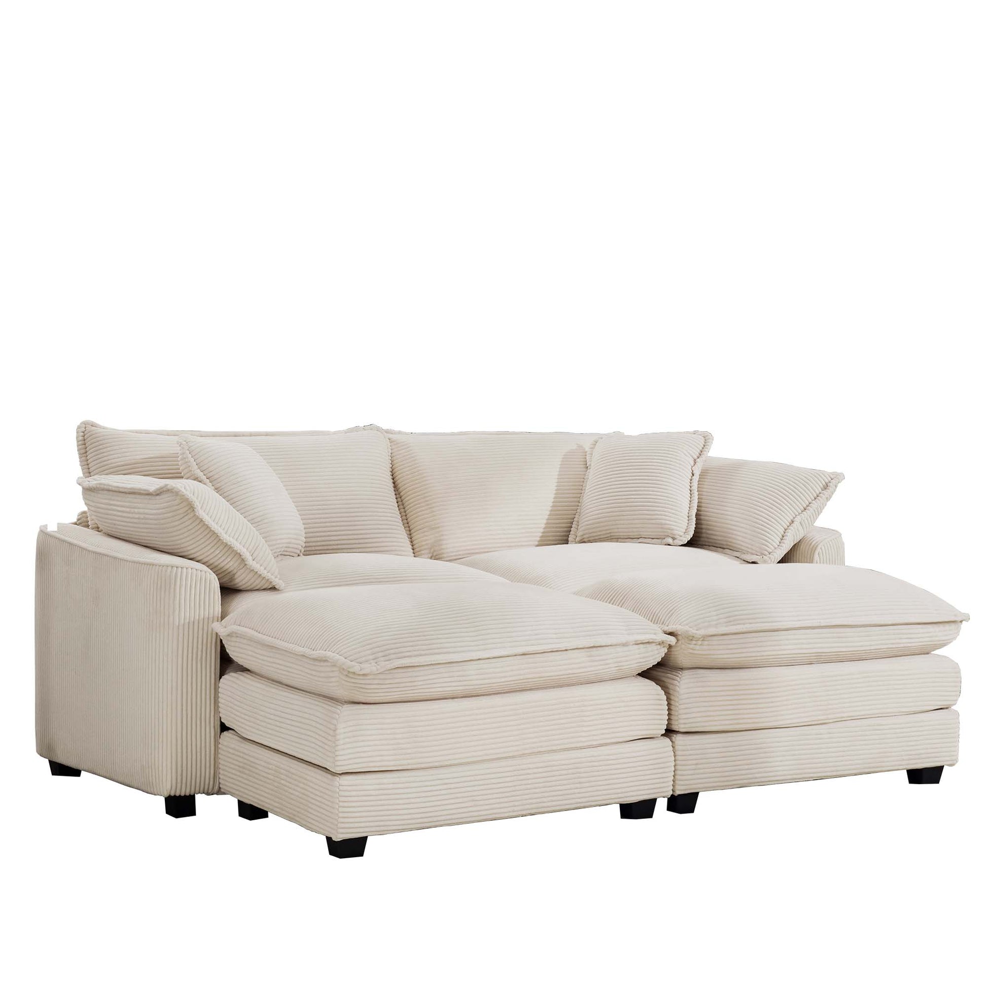 Corduroy Two Seater Sofa With 2 Footrest, 2 Seater Sofa With Ottoman To Work As Sofa Bed For Small Living Spaces, Light Beige Corduroy Sofa Beige Corduroy 2 Seat