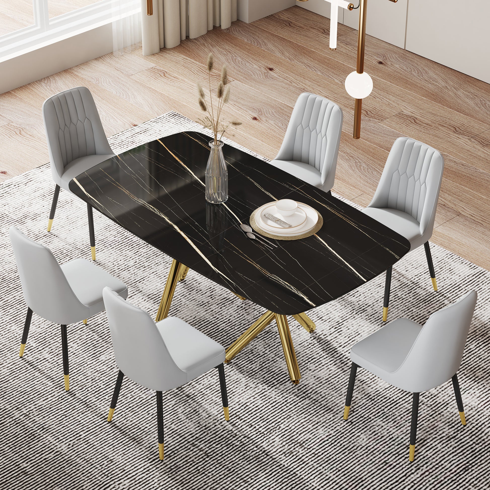 Large Modern Minimalist Rectangular Dining Table With 0.39 "Imitation Marble Black Desktop And Gold Metal Legs, Paired With 6 Chairs With Pu Cushions And Black Metal Legs.F 1538 C 007 Black Gold Glass Metal