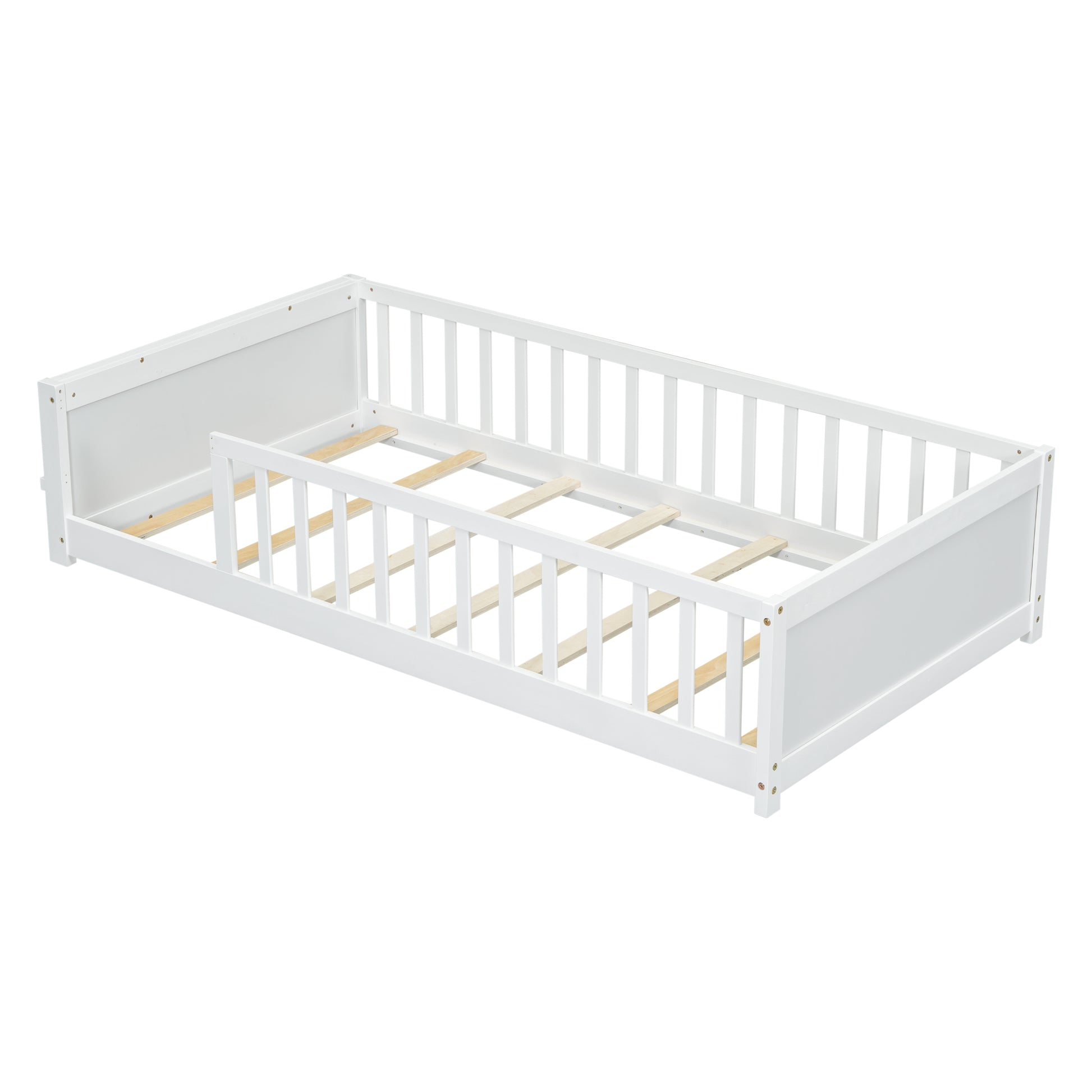 Twin Size Floor Platform Bed With Built In Book Storage Rack,White Twin White American Design Pine