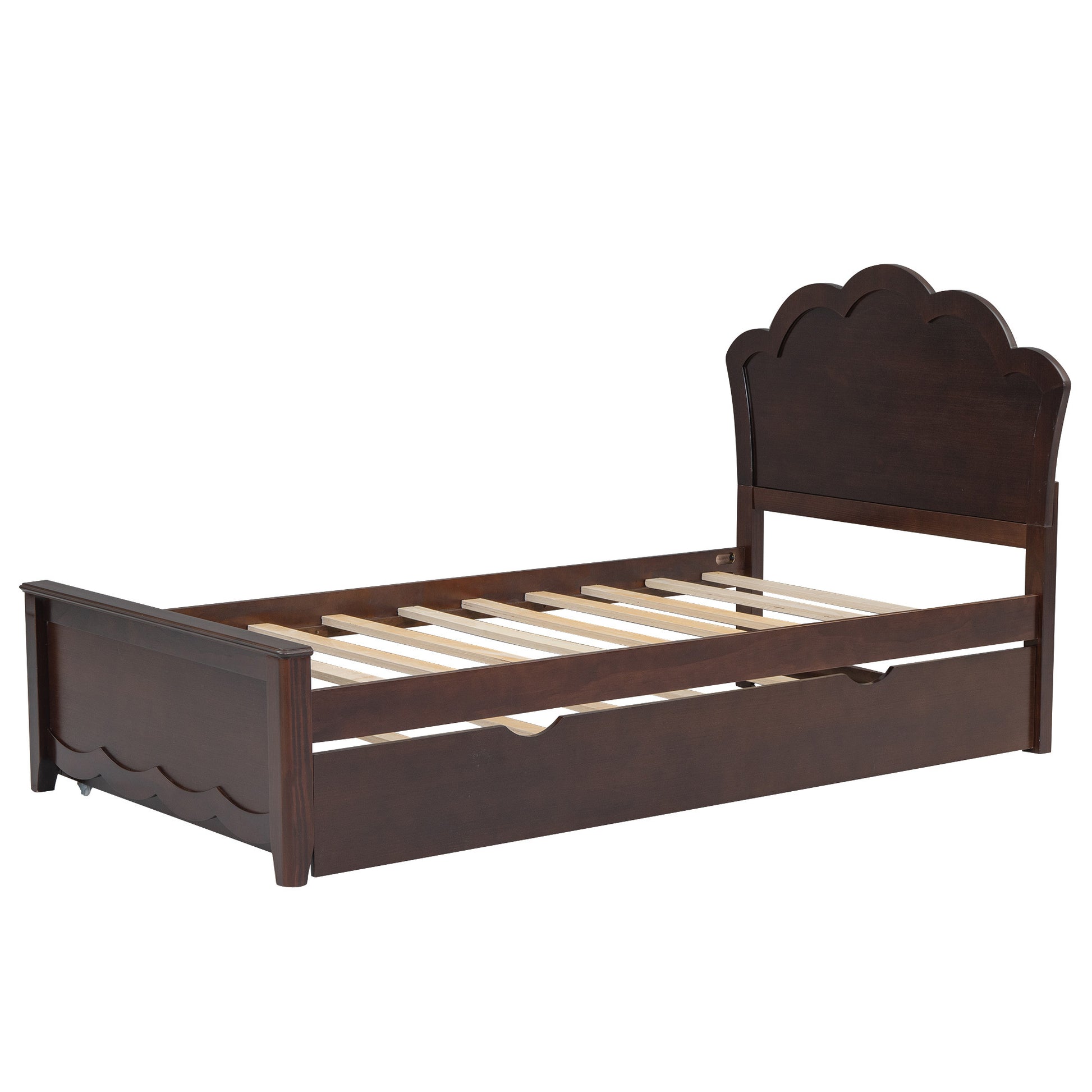 Twin Size Wood Platform Bed With Headboard And Twin Size Trundle, Cappuccino Box Spring Not Required Twin Cappuccino Wood Bed Frame Solid Wood Mdf