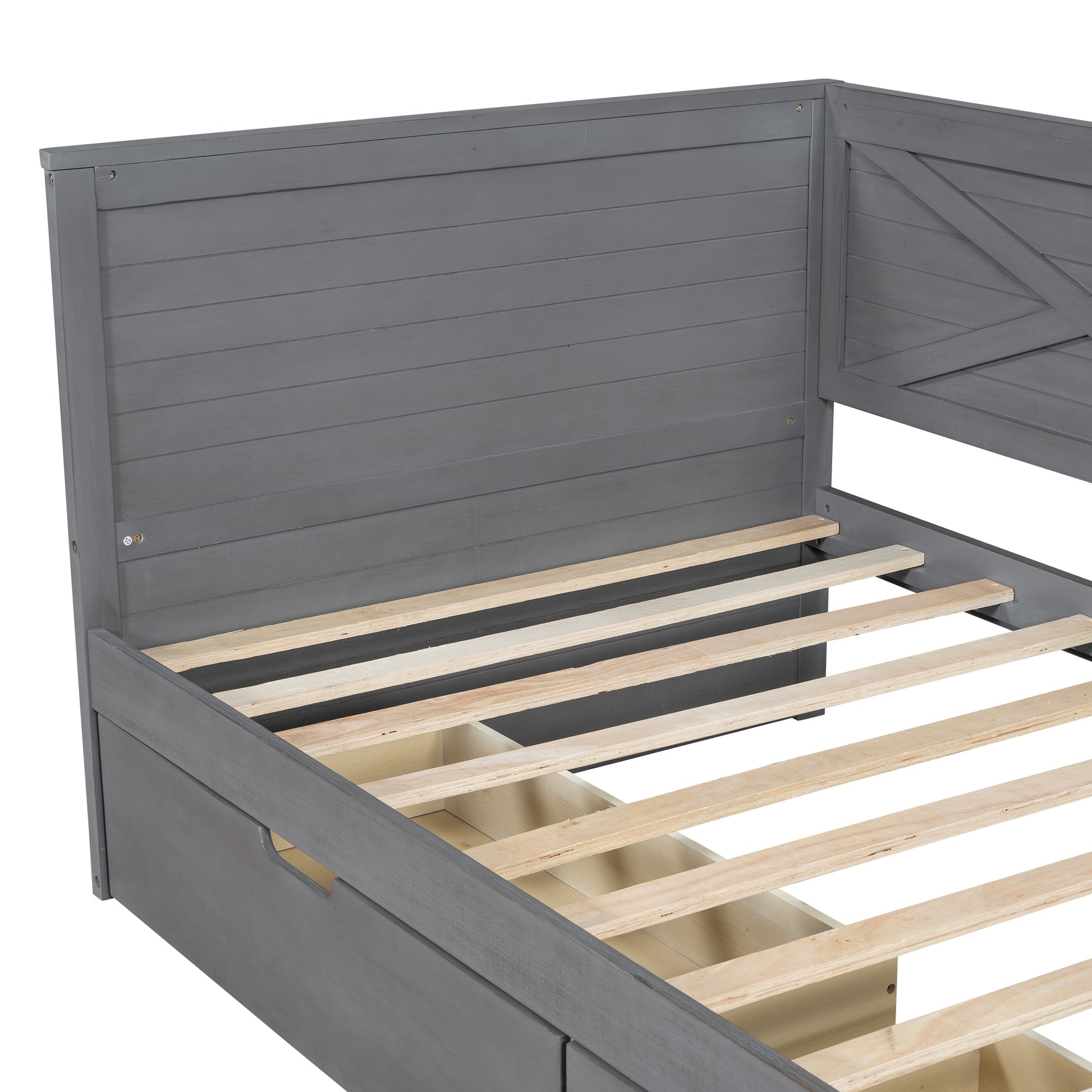 Twin Size Wood Daybed With 2 Drawers And Rustic Guardrail, Ancient Grey Expected Arrival Time: 8.28 Box Spring Not Required Twin Grey Wood Daybeds Solid Wood Mdf