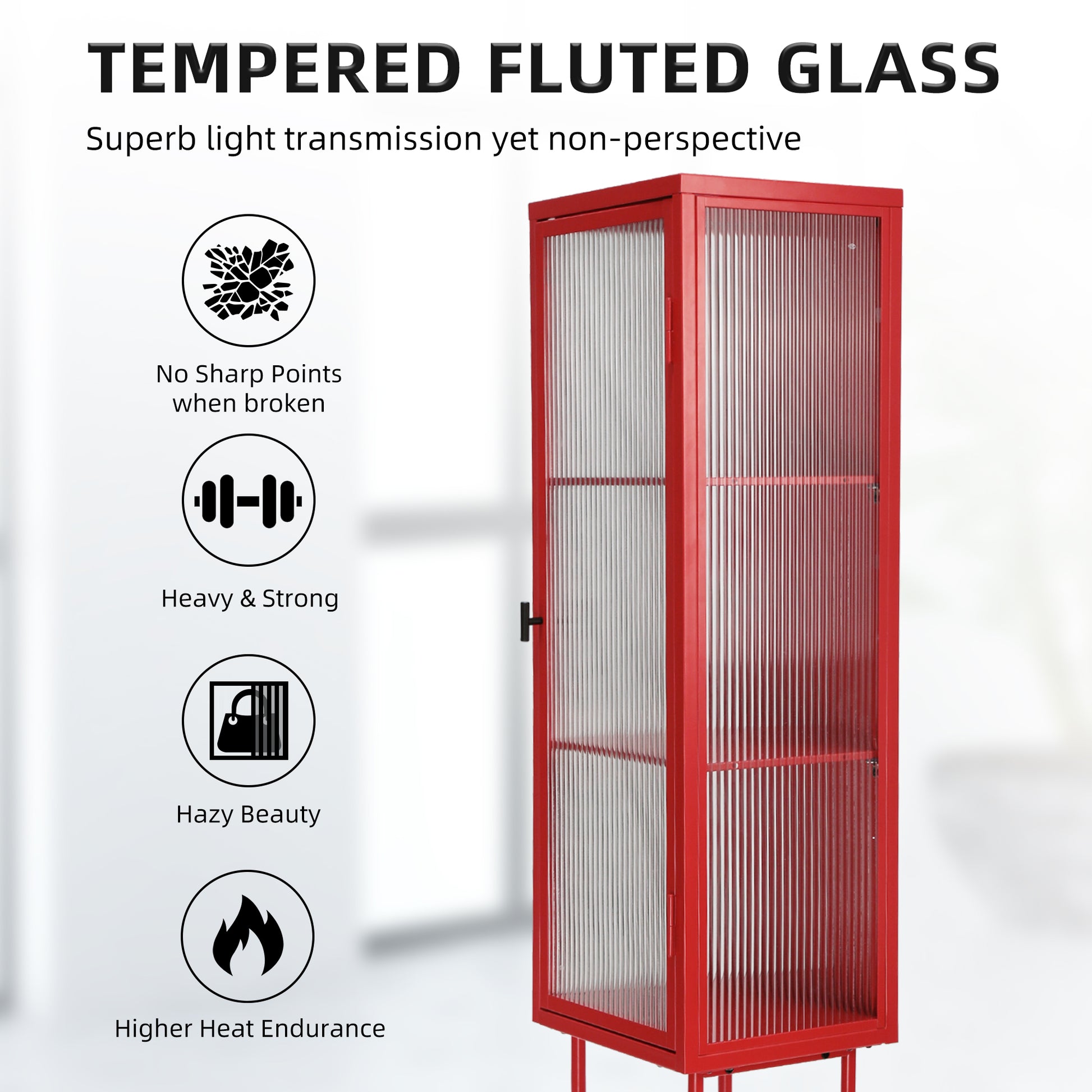 Retro Style Freestanding Metal Tall Display Cupboard With Glass Door And Three Detachable Shelves For Office, Living Room, Kitchen Console Sideboard,Bedside Entryway Red Old Sku:W68751719 Red Steel