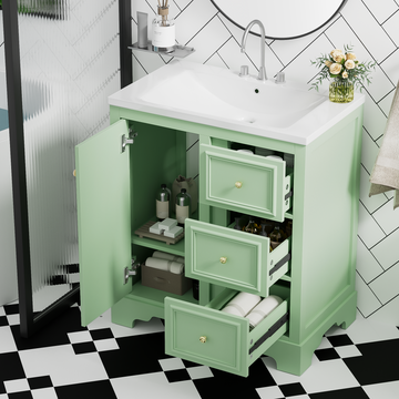 30 Inch Bathroom Vanity Cabinet With Ceramic Basin, 3 Drawers And Adjustable Shelves Green Bathroom Solid Wood Mdf