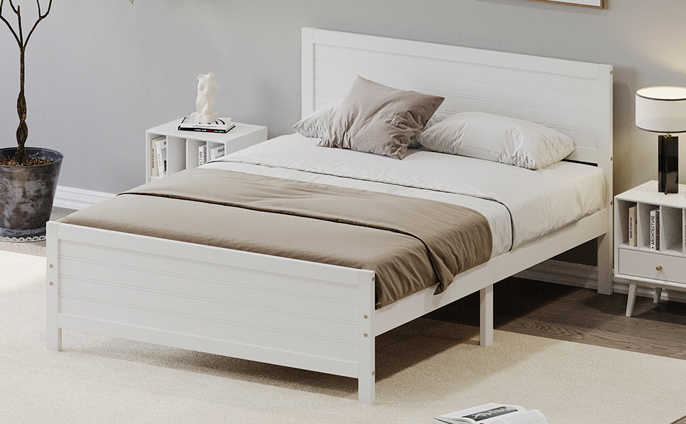 Wood Platform Bed Frame With Headboard, Mattress Foundation With Wood Slat Support, No Box Spring Needed, Queen Size, White Box Spring Not Required Queen White Wood Solid Wood Mdf