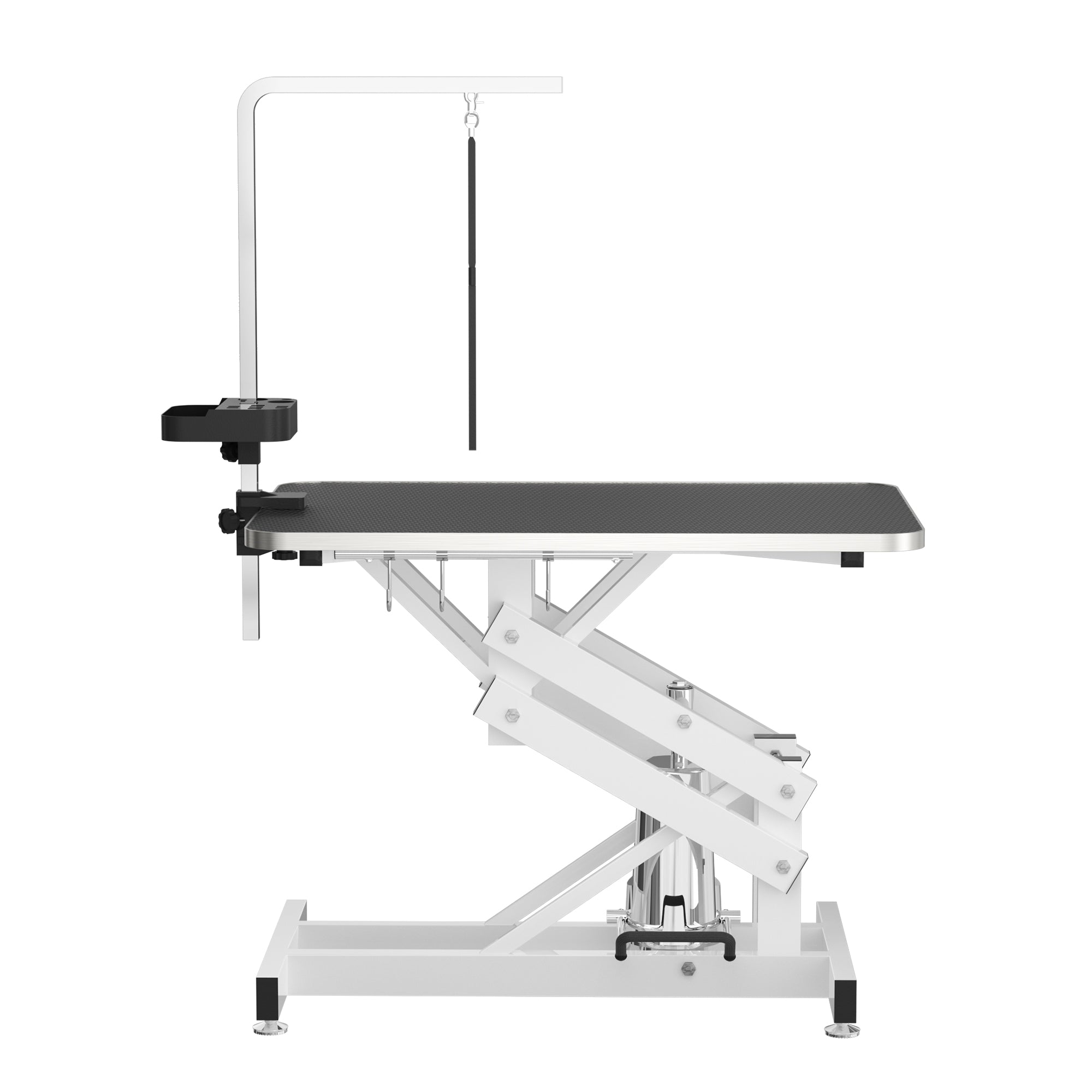 "Heavy Duty Hydraulic Dog Grooming Table With Anti Static Top, Adjustable Z Lift 21" 36" , Armrests, Leash Covers, Tool Organizers, Hooks, & 330Lb Capacity Black" Black Steel