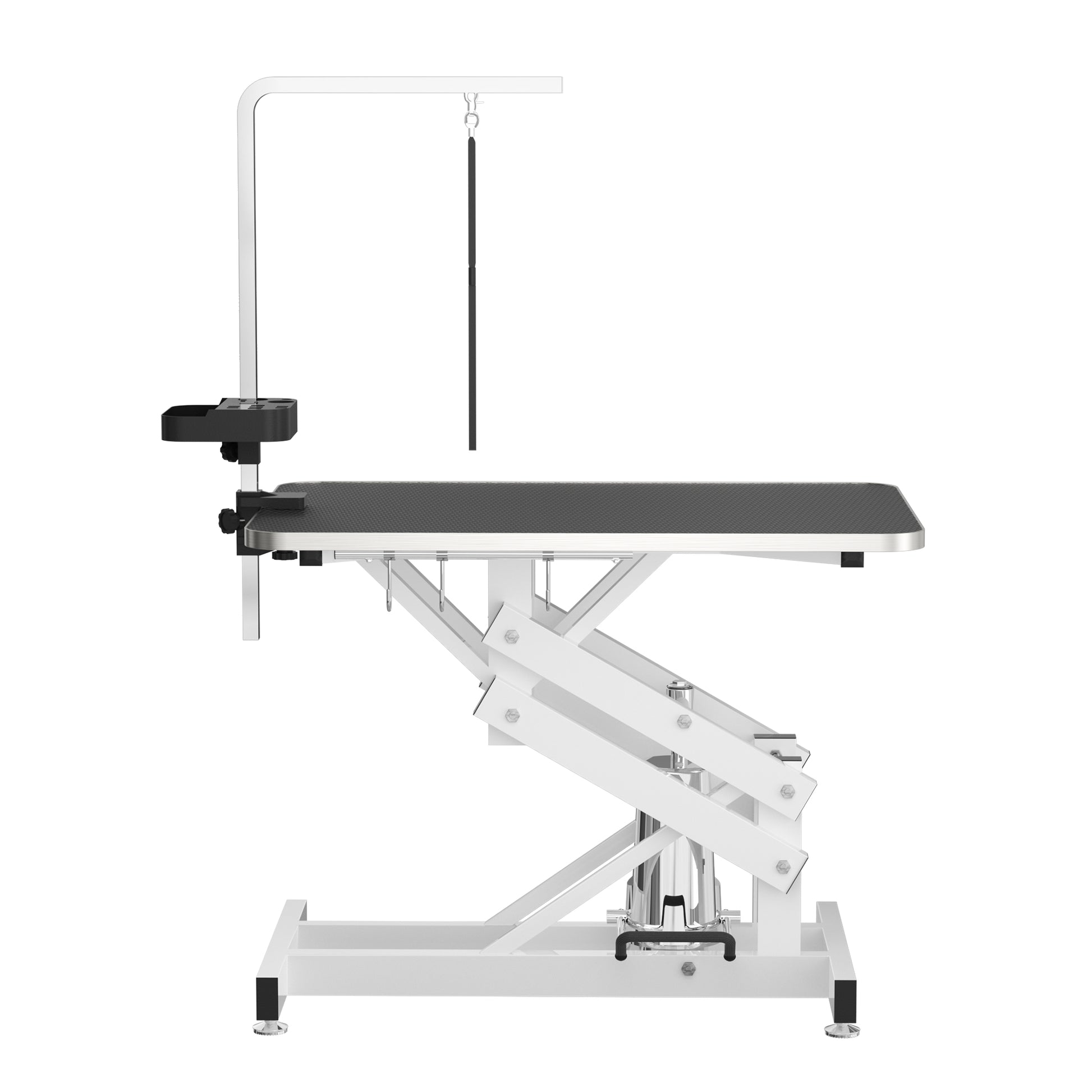"Heavy Duty Hydraulic Dog Grooming Table With Anti Static Top, Adjustable Z Lift 21" 36" , Armrests, Leash Covers, Tool Organizers, Hooks, & 330Lb Capacity Black" Black Steel