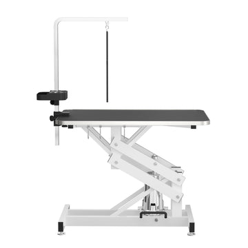 "Heavy Duty Hydraulic Dog Grooming Table With Anti Static Top, Adjustable Z Lift 21" 36" , Armrests, Leash Covers, Tool Organizers, Hooks, & 330Lb Capacity Black" Black Steel