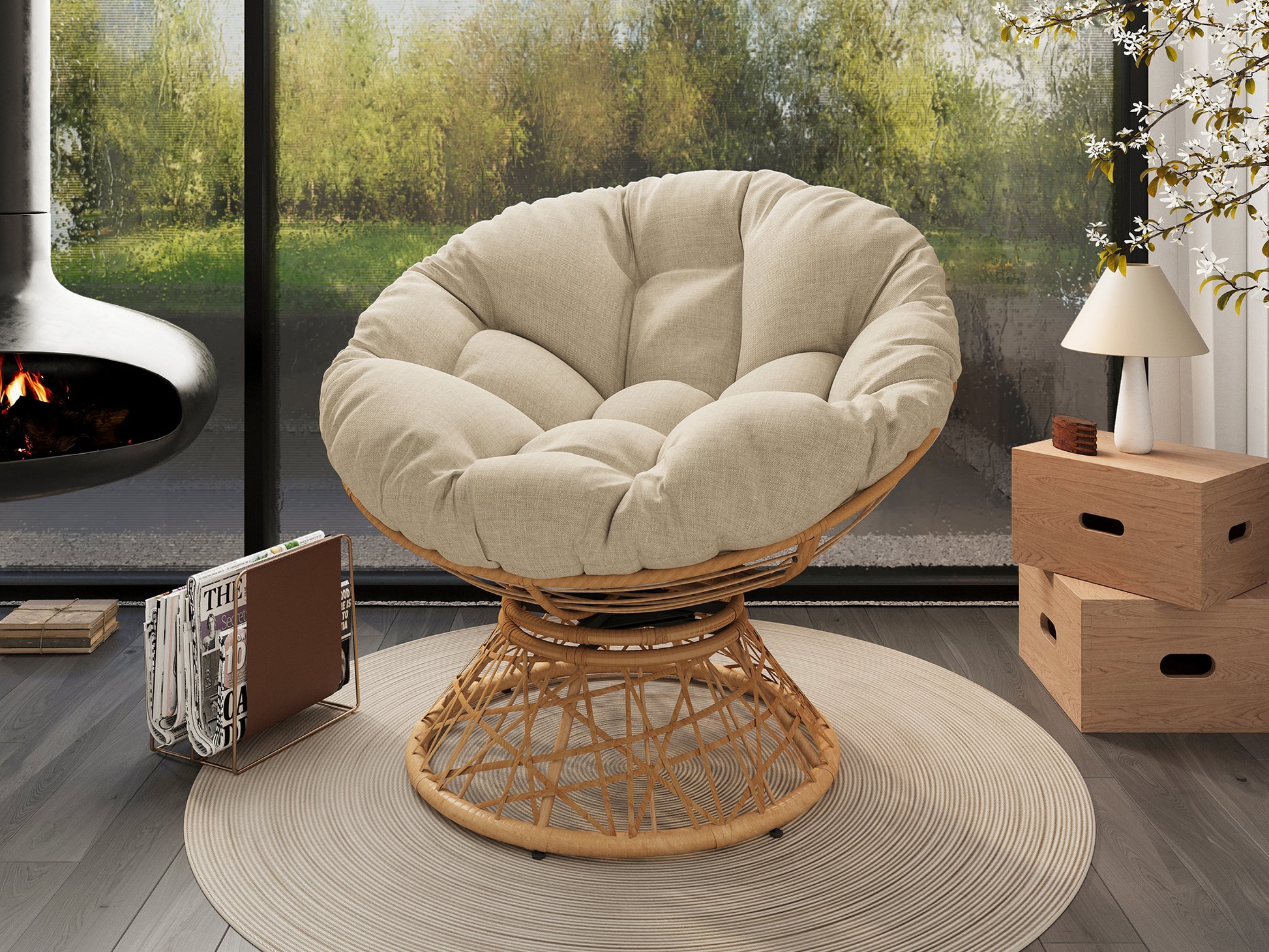 40" Ergonomic Wicker Chair With Cloud Thick Density Fabric Cushion,3 Proof Cover,High Capacity Iron Frame,Fluid 360 Degree Swivel For Reading,Living Room, Bedroom,Lounge,Natural Base,2 Colors