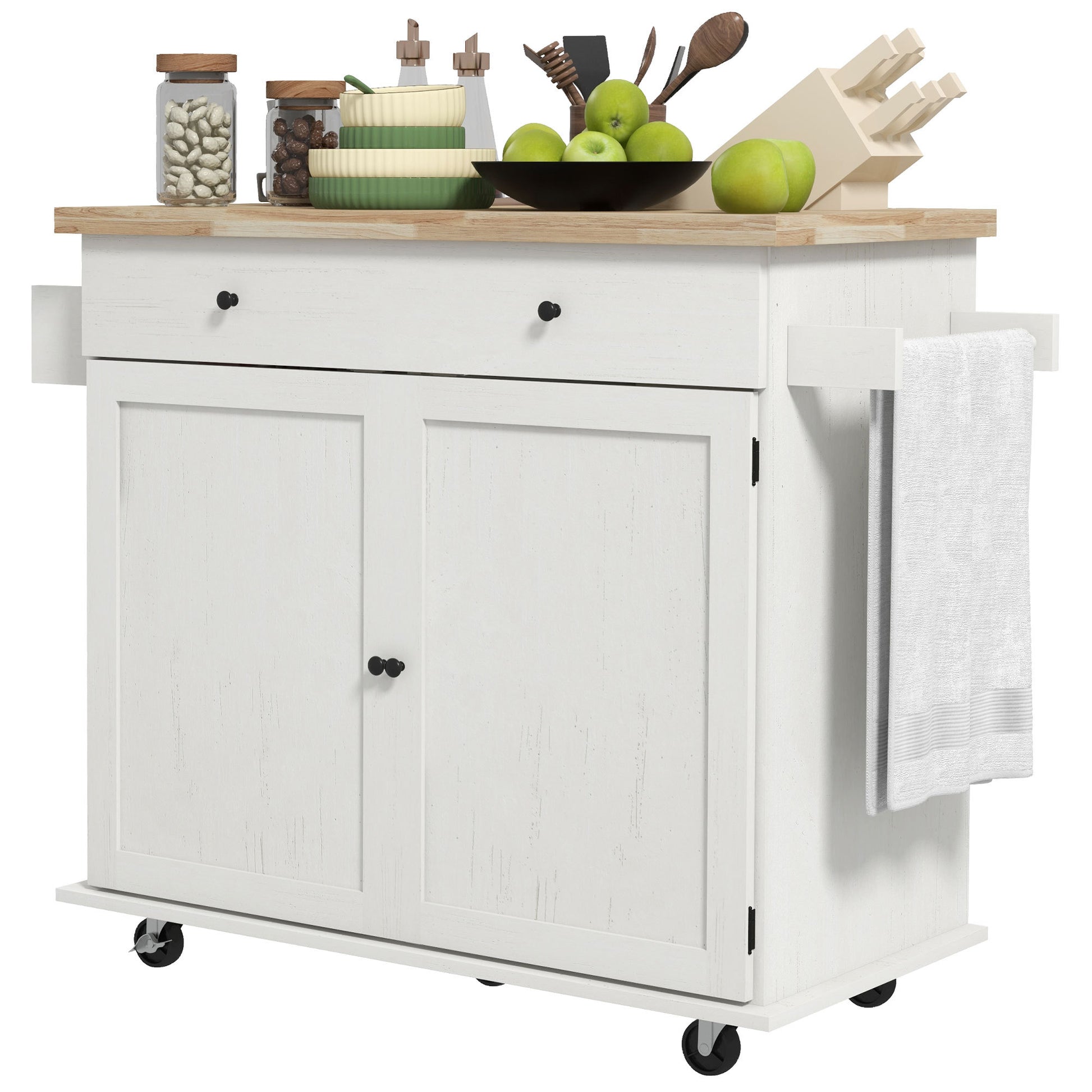 Homcom Kitchen Island With Storage, Farmhouse Rolling Kitchen Island Cart On Wheels With Drawer, 2 Cabinets, Rubberwood Top, Spice Rack, Towel Racks And 2 Hooks, Distressed White White Wood