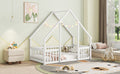 Twin Wood House Shaped Floor Bed With Fence, Guardrails ,White Twin White American Design Pine