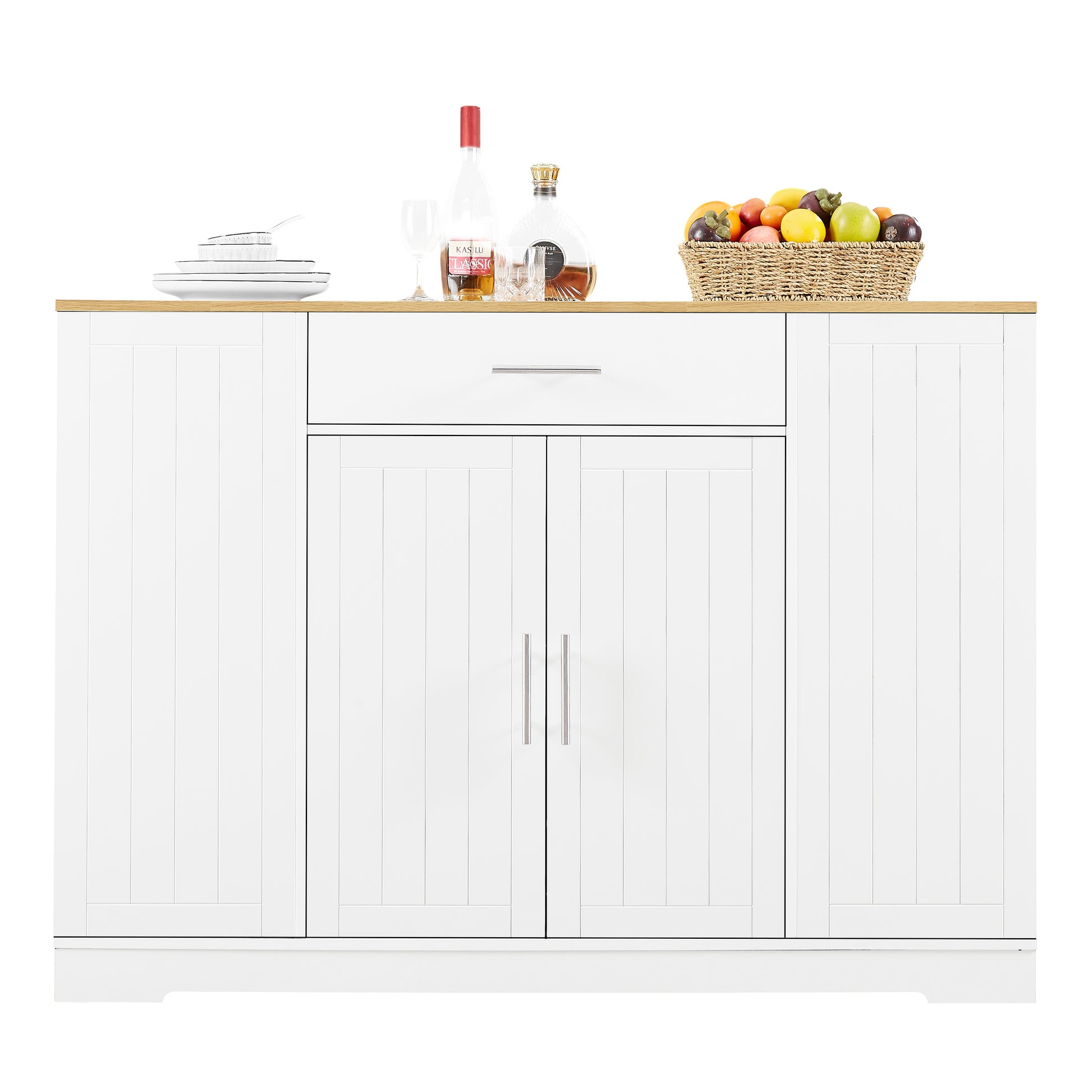 53 Inch Large Kitchen Island With Trash Can Storage Cabinet, Islands Table With Drawer And Adjustable Shelves, Breakfast Bar Cabinet For 13 Gallon Garbage Bin, White & Oak White Particle Board