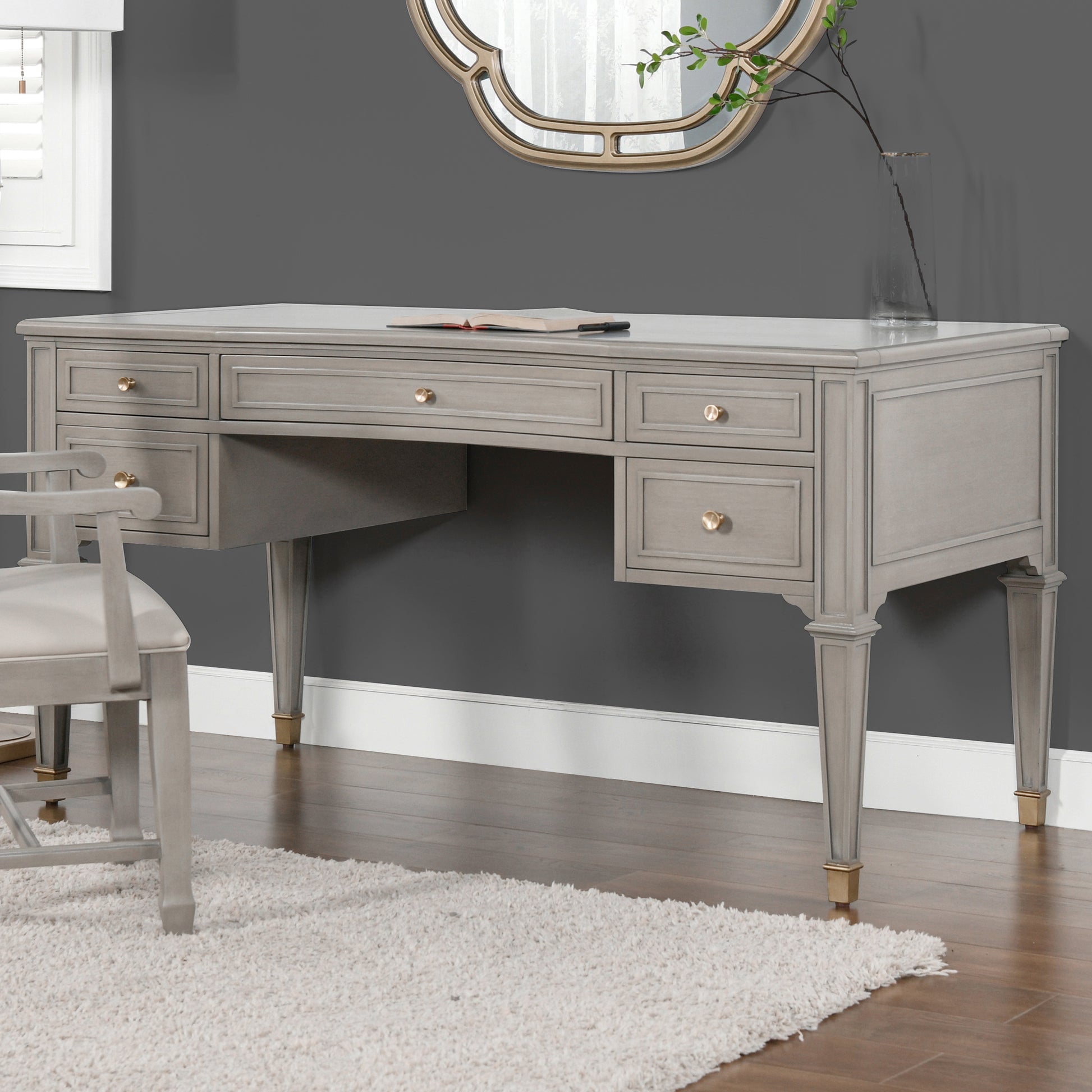 Dauphin Gold Accent 5 Drawer Wood Executive Desk, Grey Cashmere Wood Gray Solid Wood Mdf Wood