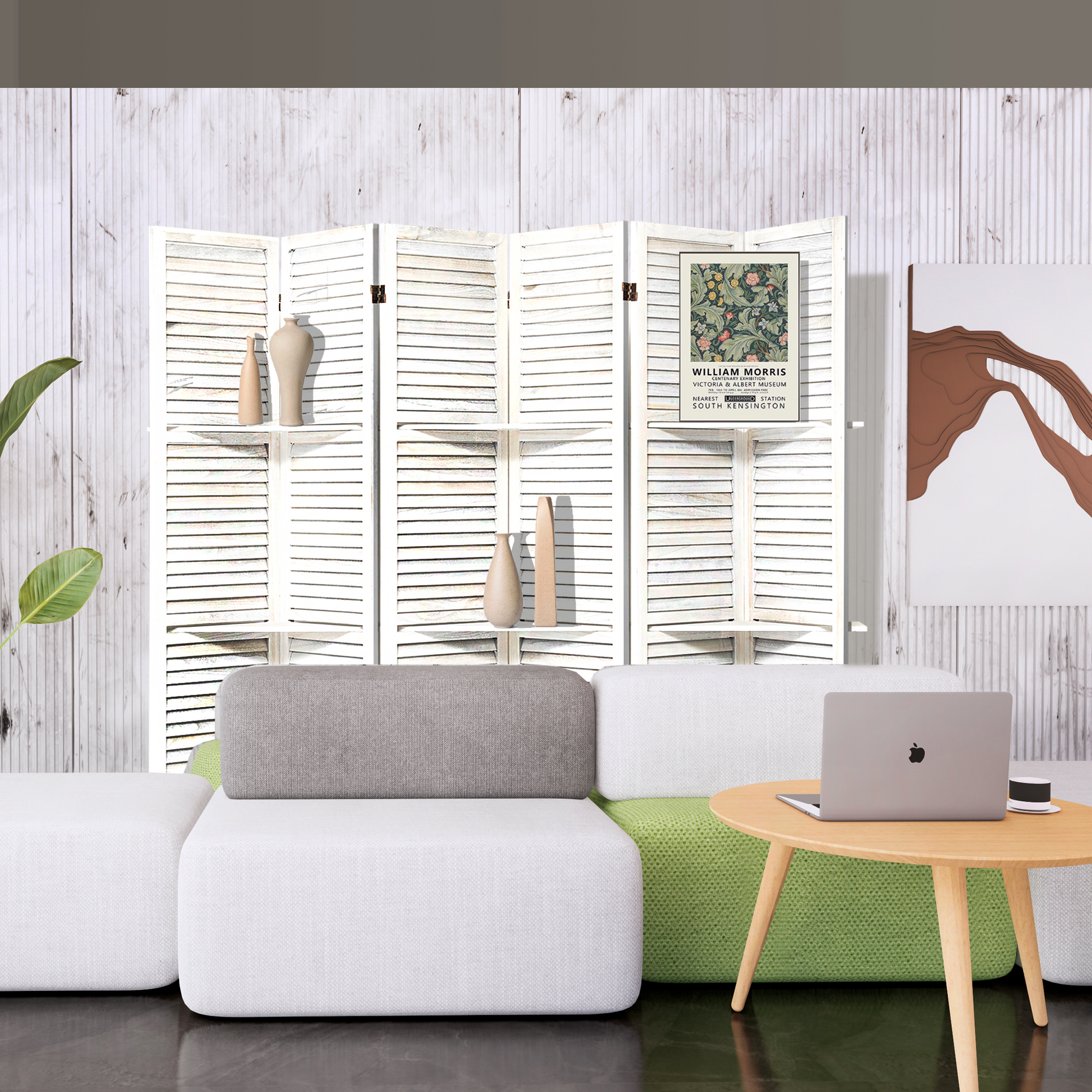 Room Divider With Shelves, 6 Panel Room Dividers And Folding Privacy Screens, Partition Room Divider Temporary Wall, Freestanding Room Divider For Home Office Studio Apartment White White Modern Wood