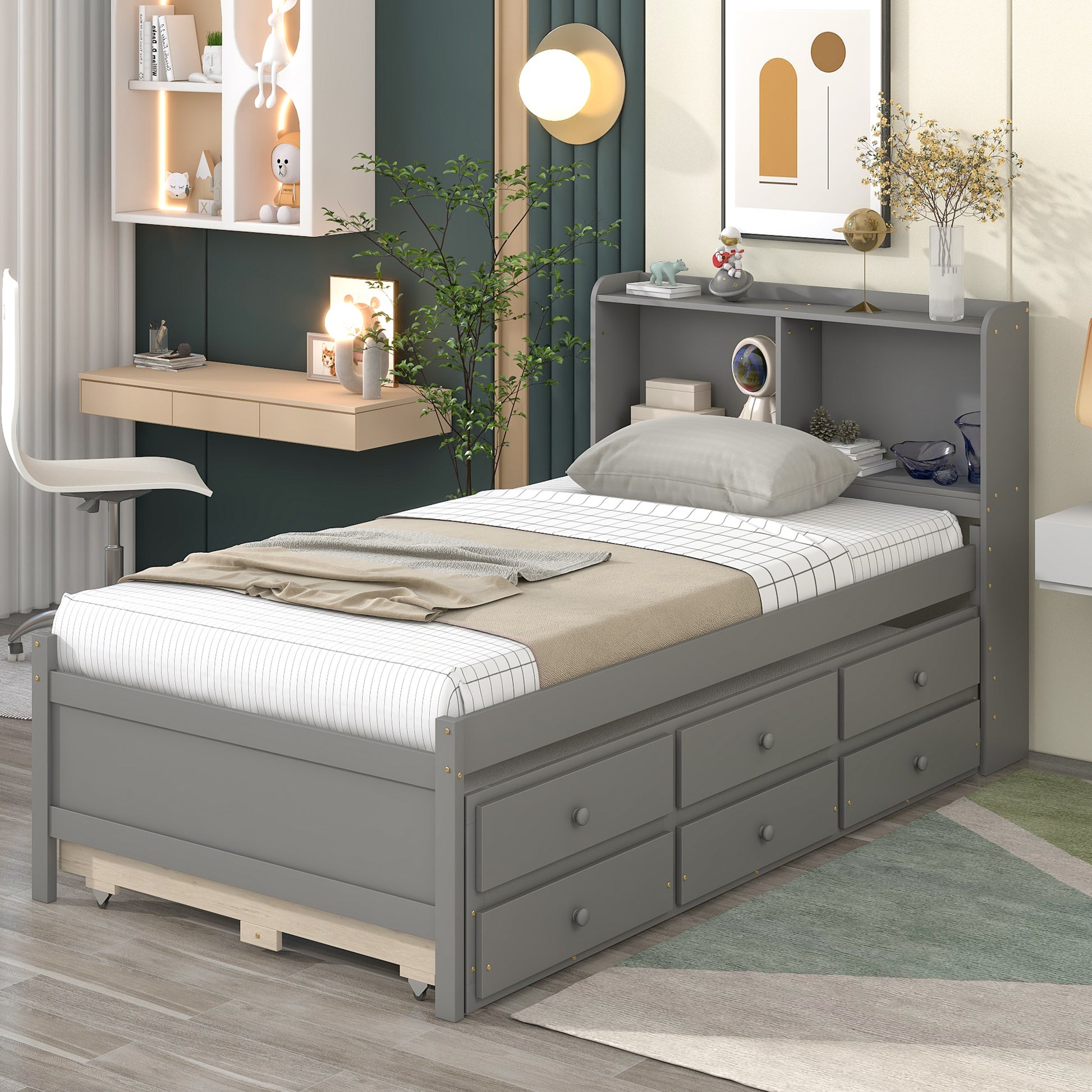 Twin Bed With Twin Trundle,Drawers,Grey Twin Grey Pine