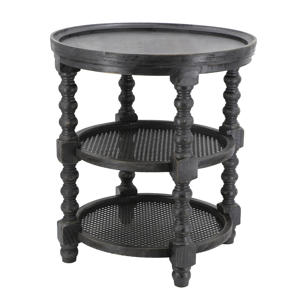 D23.5 X 25" Round Three Tiered Side Table With Rattan Shelf, Black Black Wood